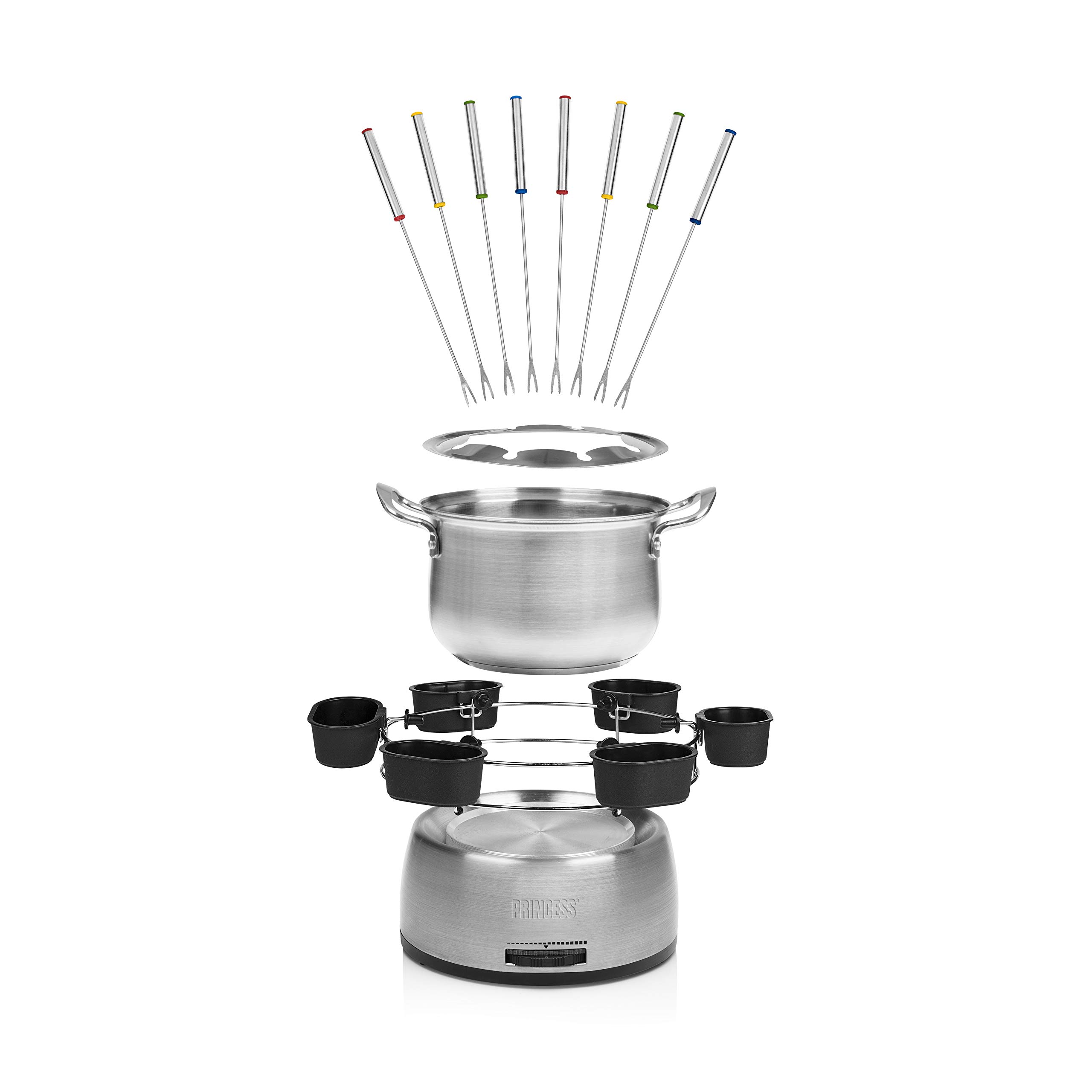 Princess Family Fondue-Set - 800 W, 1,2 Liter Fassungsvermögen, Thermostat, Edelstahl, doppelter Boden, 8 Fonduegabeln, 6 Dipschalen, Silber, 172680 01.172680.01.001, edelstahl, silber