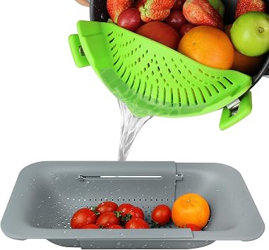 Strainer Colander,Clip On strainer,2 Pack Colander,Fruits Vegetables Noodle Pasta Food Drain Basket Space Extendable Colander Strainer BasketGrey