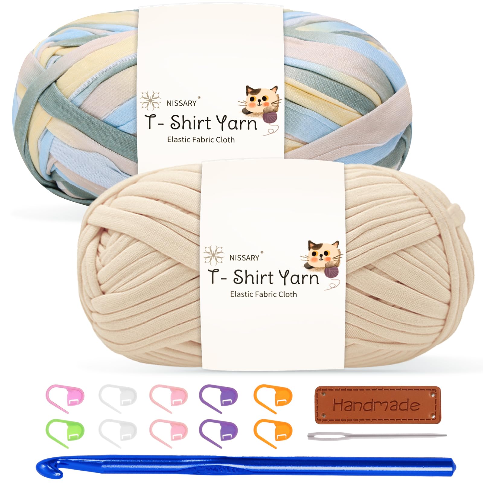 T Shirt Yarn for Crocheting 100gx2 Chunky Crochet Yarn Elastic Fabric Set with 10mm Hook and Accessories – Ideal for DIY Bags, Blankets, Baskets and Home Decor Projects (Mix-Beige)