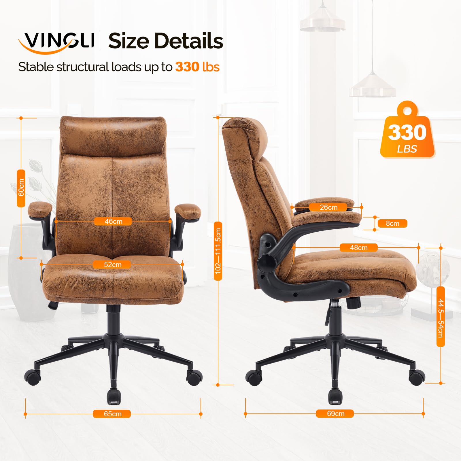 Bonnlo Ergonomischer Bürostuhl, Schreibtischstuhl mit hochklappbarer Armlehne, Computerstuhl, Drehstuhl, Wippfunktion 105°-120°, Höhenverstellbar, Drehbar, 150KG Belastbarkeit (Mikrofaser, Braun)