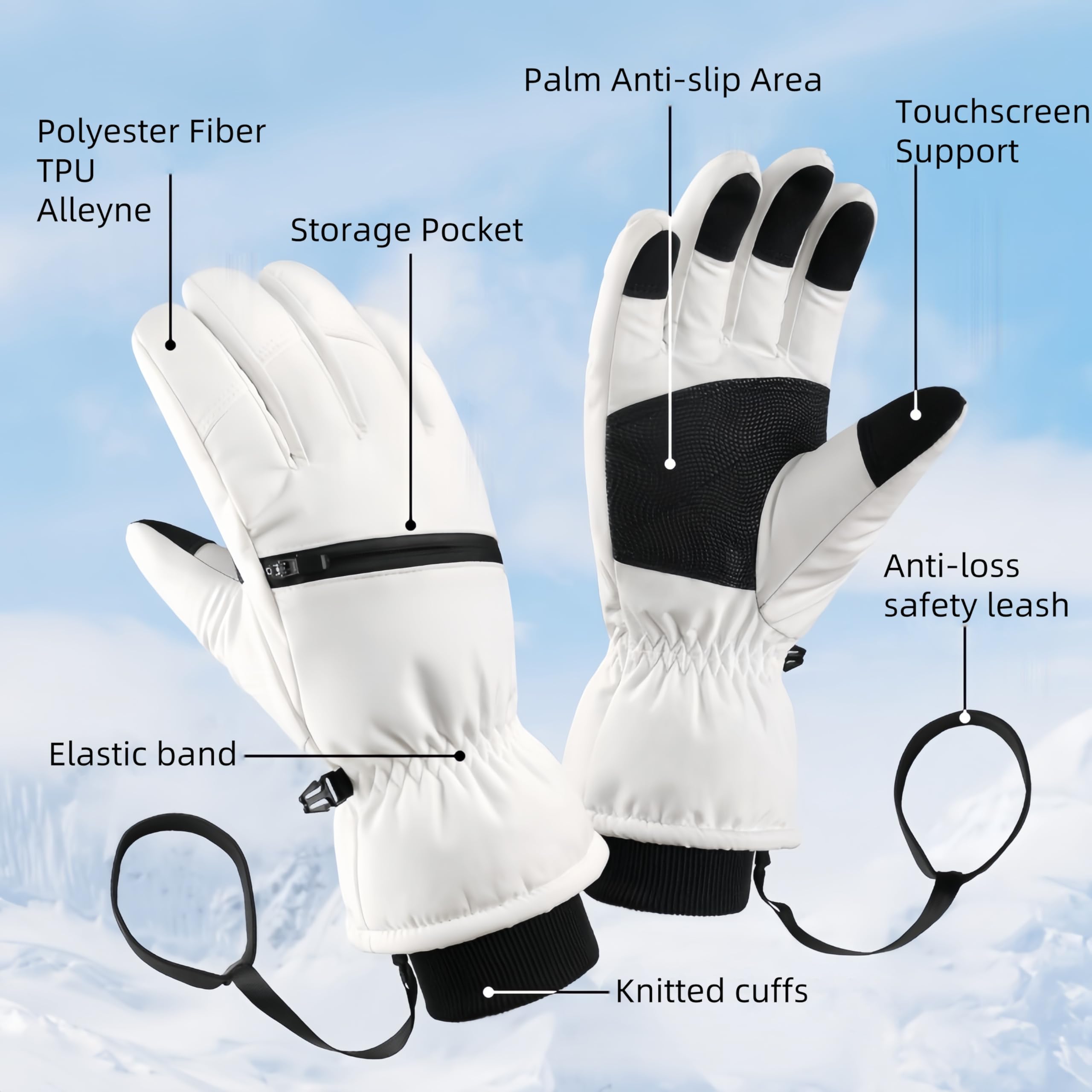 sonecesiya Ski Gloves Winter Warm Waterproof Windproof Snowboarding Gloves with Pocket and Leash, Touchscreen Anti Slip Wear-Resistant Thermal Gloves for Men Women Hiking Camping Skiing, White XS