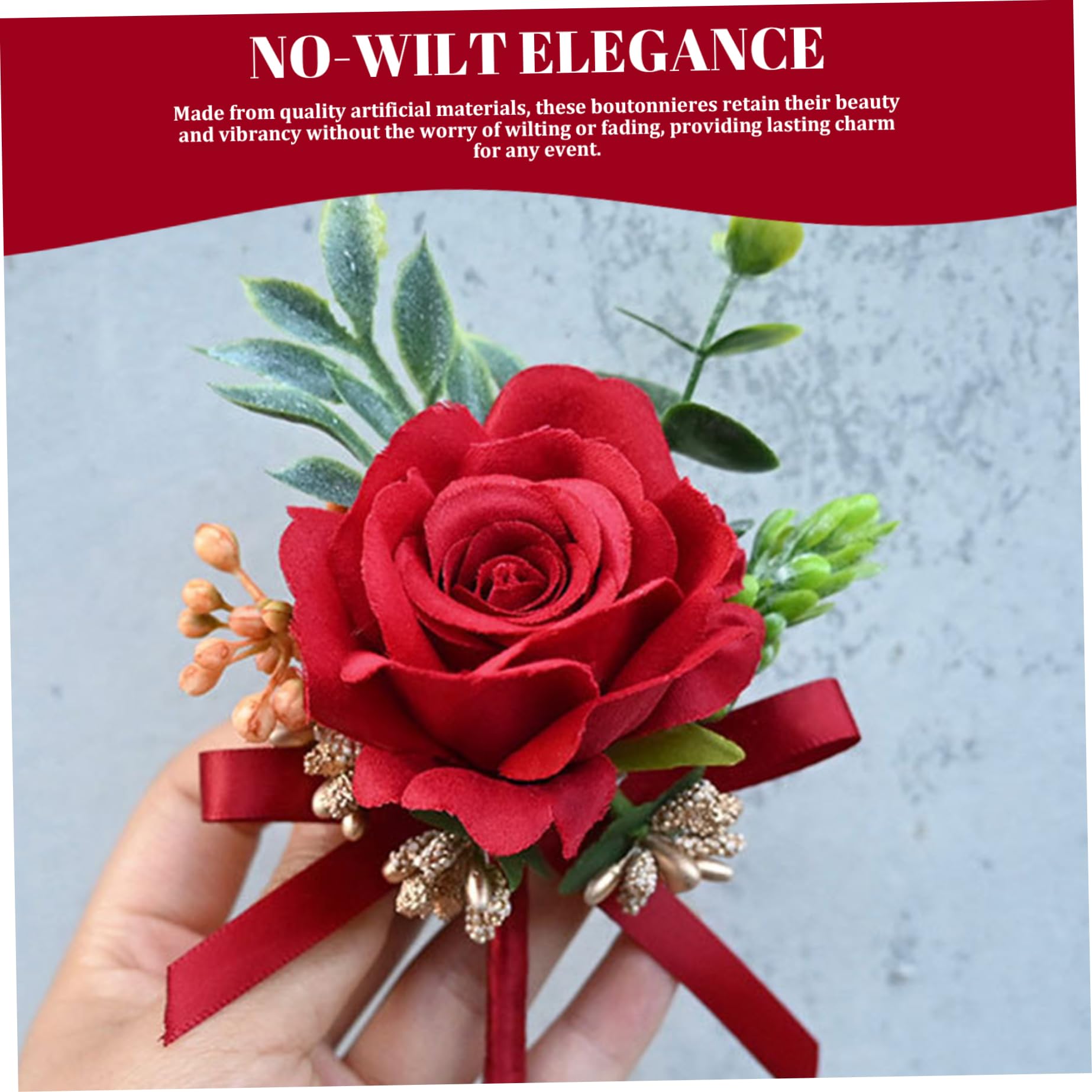 Lot de 6 Boutons de Roses Rouges pour Homme Exquis boutonnière Romantique avec épingle 5x3,5 Pouces Fleurs artificielles décoratives pour Mariage Bal Anniversaire fête