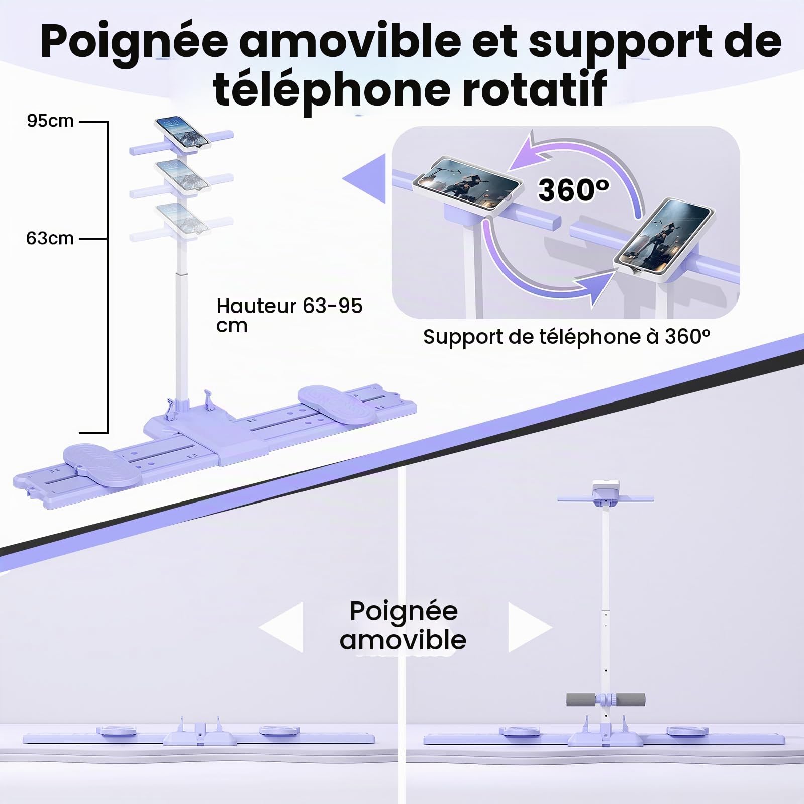 Kit Pilates Reformer, Machine à Ski 5 en 1, Planche de Pilate Pliable, Appareil Abdominaux, Push up Board, Poignées Amovibles avec Support Téléphone, pour le Renforcement du Core, Fessiers, Bras