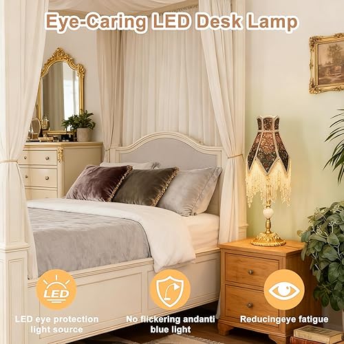 Miniatura 5 de French Retro Table Lamp with Acrylic Tassels and Fabric Lampshade, Scandinavian Bedroom Decor, for Minimalist Reading Desk Lamps in Living Room