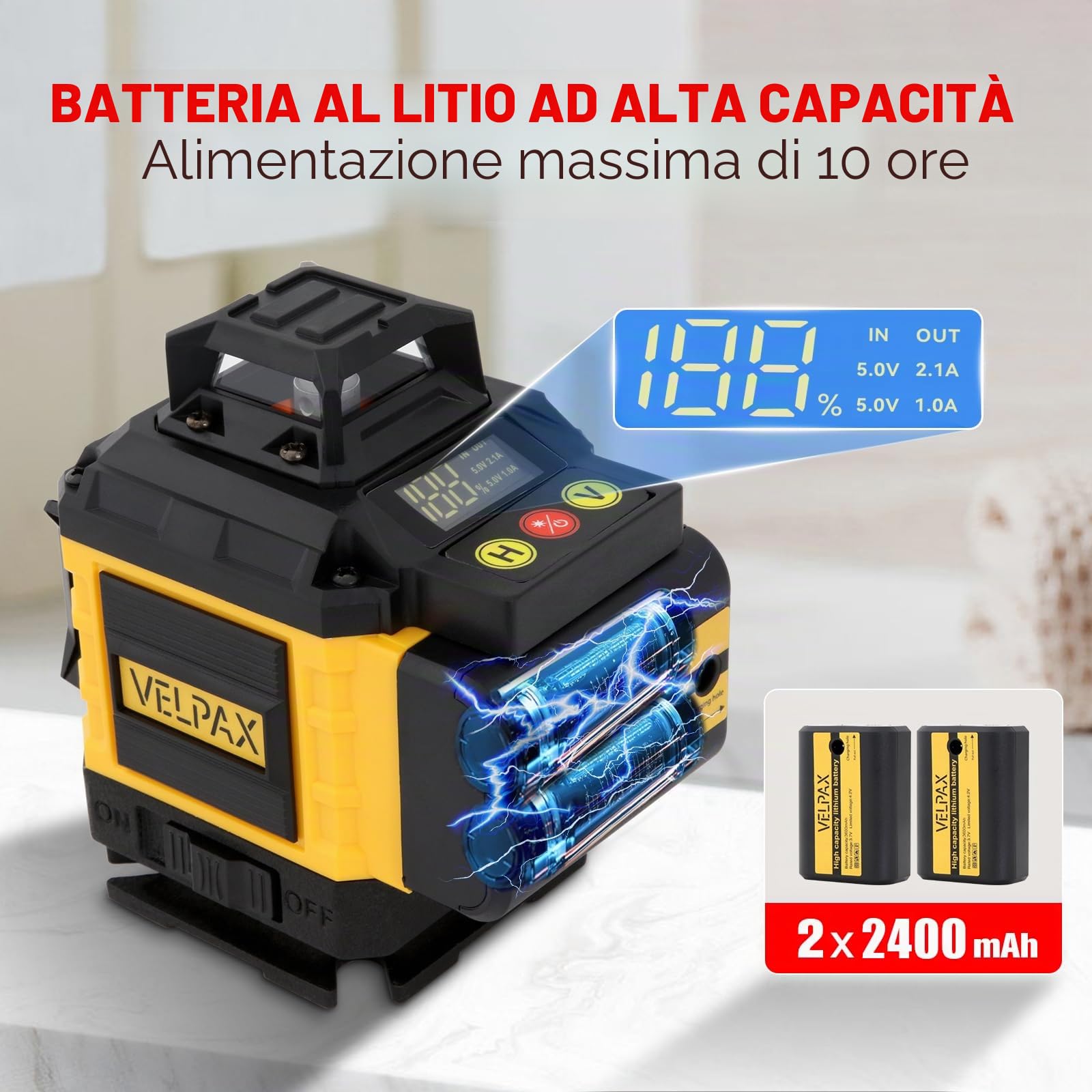 Laser a linee incrociate 16 linee, laser multifunzionale 4D con treppiede, 2 batterie da 2400 mAh, livella laser 4 x 360°, per interni e cantieri edili