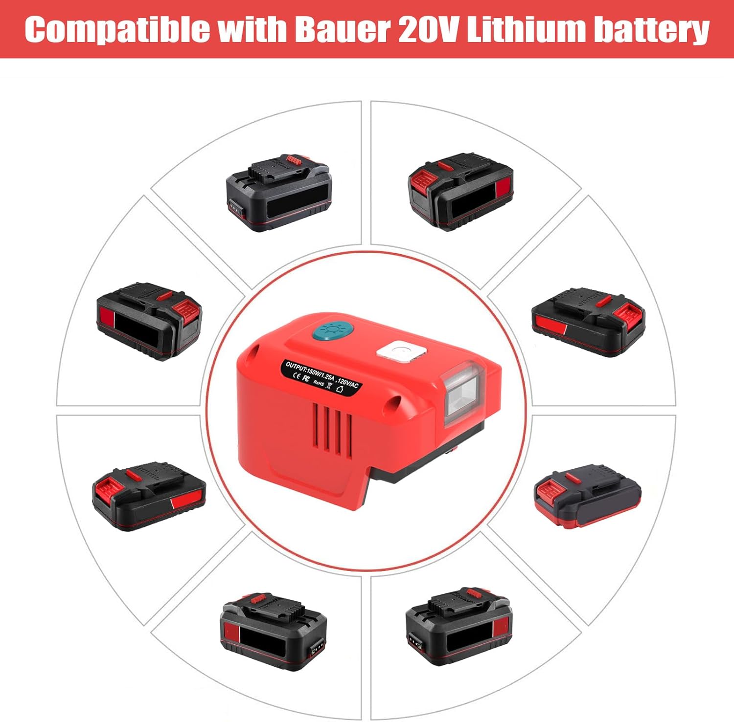 150W Power Inverter for Bauer 20V Battery, DC 20V to AC 110-120V Battery Inverter, Charger Adapter w/ 2 USB Ports&AC Outlet&LED Light