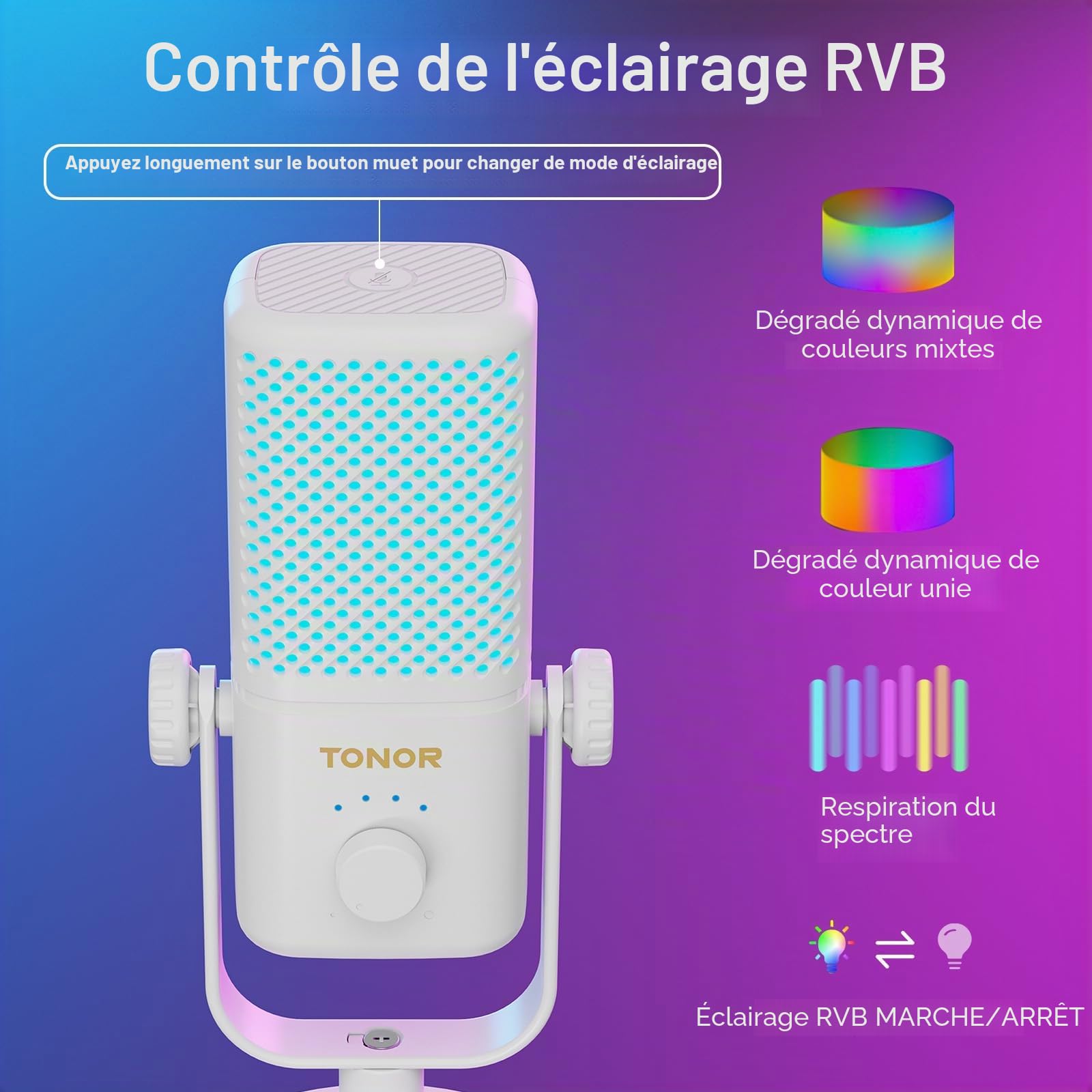 TONOR Micro Gaming Compatible avec Xbox, Microphone de Streaming à Condensateur RGB avec Autonomie de Batterie de 30 Heures, Coupure du Son en Un Clic, Compatible avec Xbox, Blanc, 200cm,TCX3