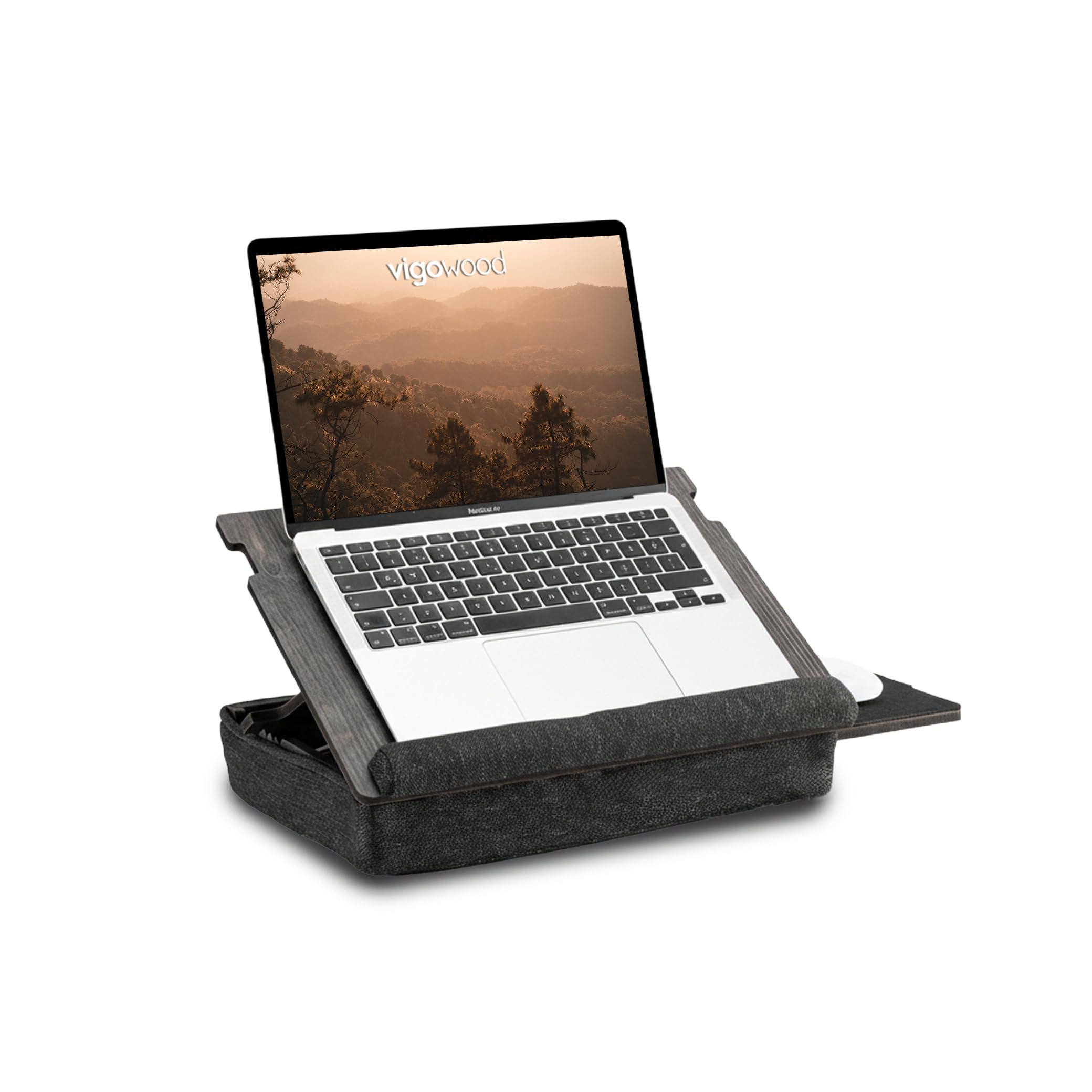Vigo Wood Laptop Tray - Ergonomic Design with Cushioned Bottom and Mousepad Drawer - Adjustable Height for Comfortable Work Anywhere - Ideal for Home Office, Sofa, Bed (Black)