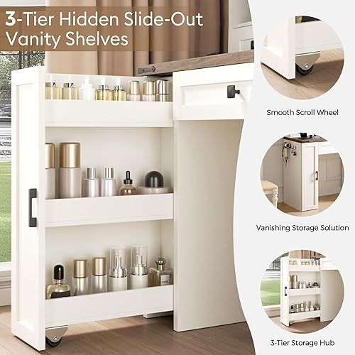 Miniatura 7 de Tocador de maquillaje estilo granja con luces y espejo deslizante, mesa de tocador con superficie de cristal y estación de carga, almacenamiento