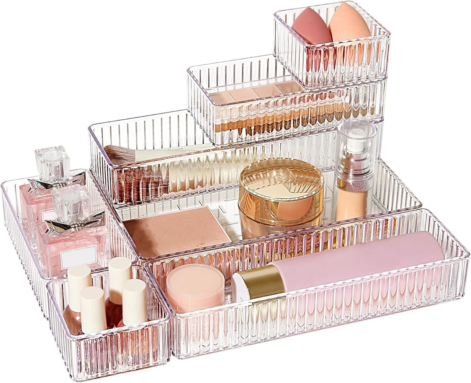 INOVERA (LABEL) 7 Pieces Makeup Drawer Organiser Tray - Cosmetic Organizer Containers - Vanity Storage Box for Dressing Table - Transparent