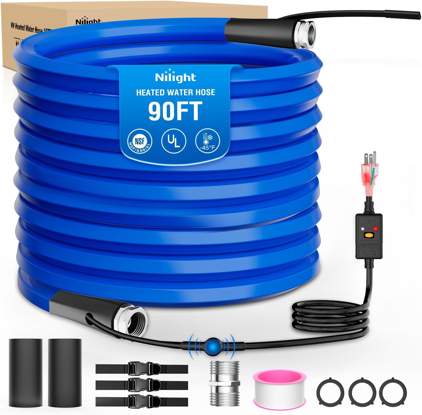 Nilight 90FT Heated Water Hose RV 5/8”Inside Diameter -45°F Freeze Protaction Antifreeze Garden Drinking Hoses with Saving Thermostat and Smart Heat System for Winter Camper Supply Accessories