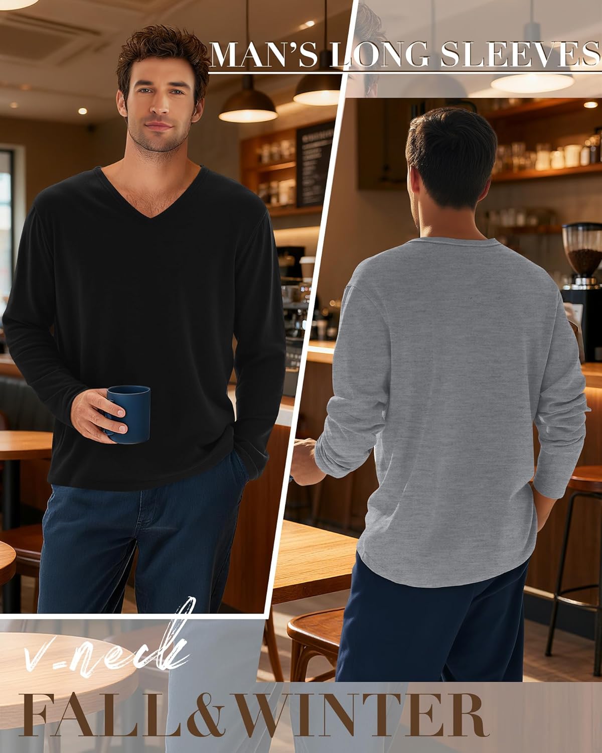 3 Pack Men's Big and Tall Shirts Thermal Fleece Lined Long Sleeve Tops V Neck Sweatshirts Base Layer Tees Winter - Image 4
