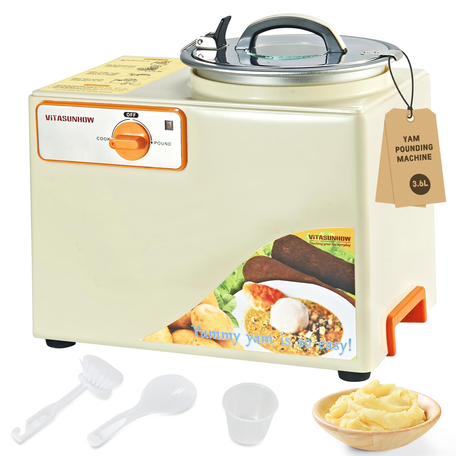 VITASUNHOW Yam Pounding Machine, All‑in‑One Cook & Blend, 3.6L Stainless Steel, Auto Cook Auto Blend for African Fufu