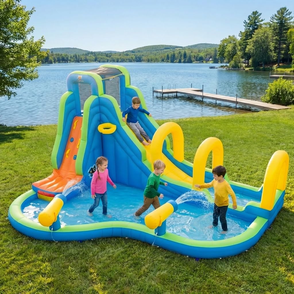 GIANTEX Castillo Hinchable Acuatico, con Tobogán Seco/Acuático, Roca de Escalada, Canasta de Baloncesto, Piscina y 2 Cañones de Agua, Castillo Hinchable Grande para Exterior, 465 x 345 x 242 cm