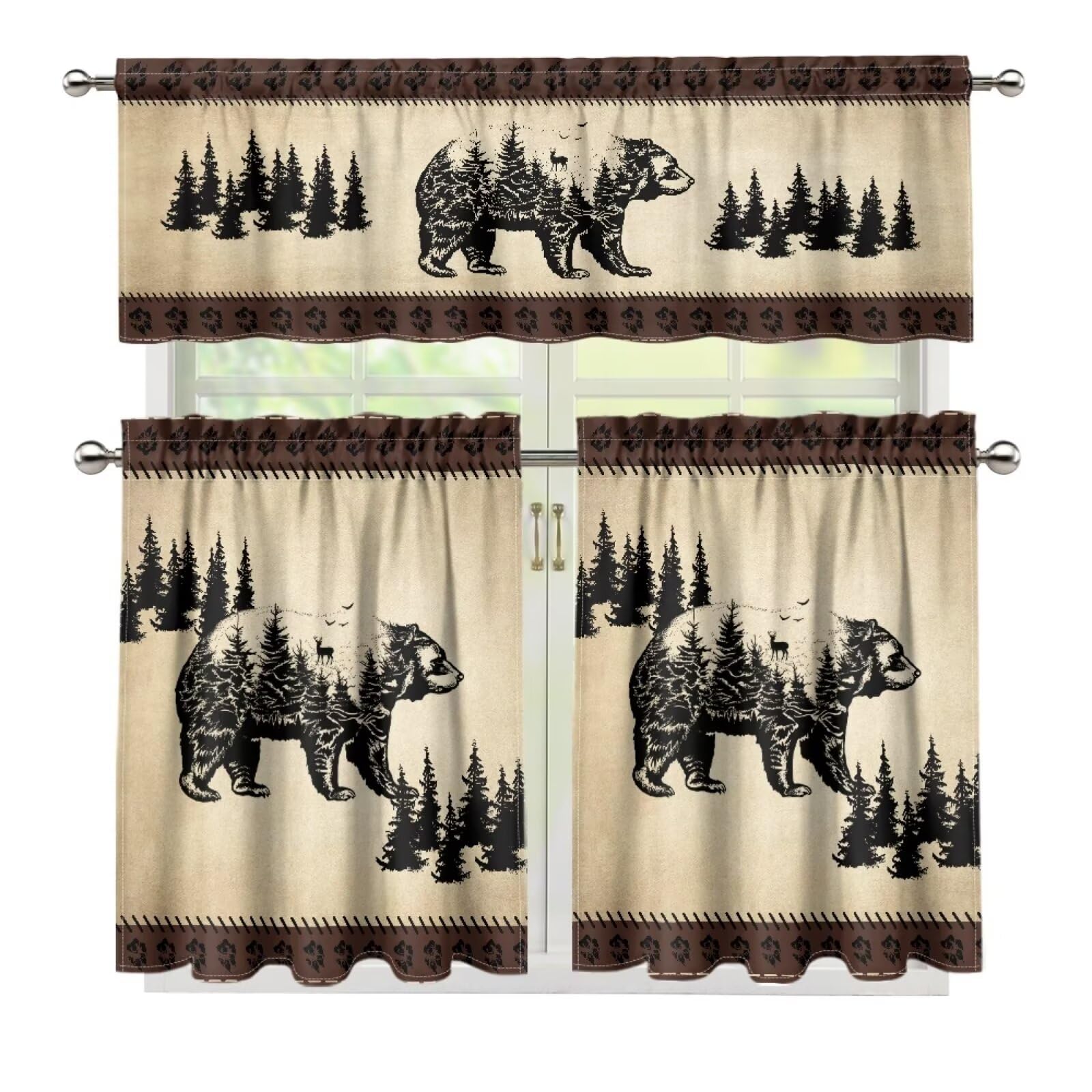 Bear Valance Curtains for Kitchen Decor, Retro Forest Wild Animal Woodland Vintage Tattered Yellowed Paper Backdrop Window Treatments, Rod Pocket