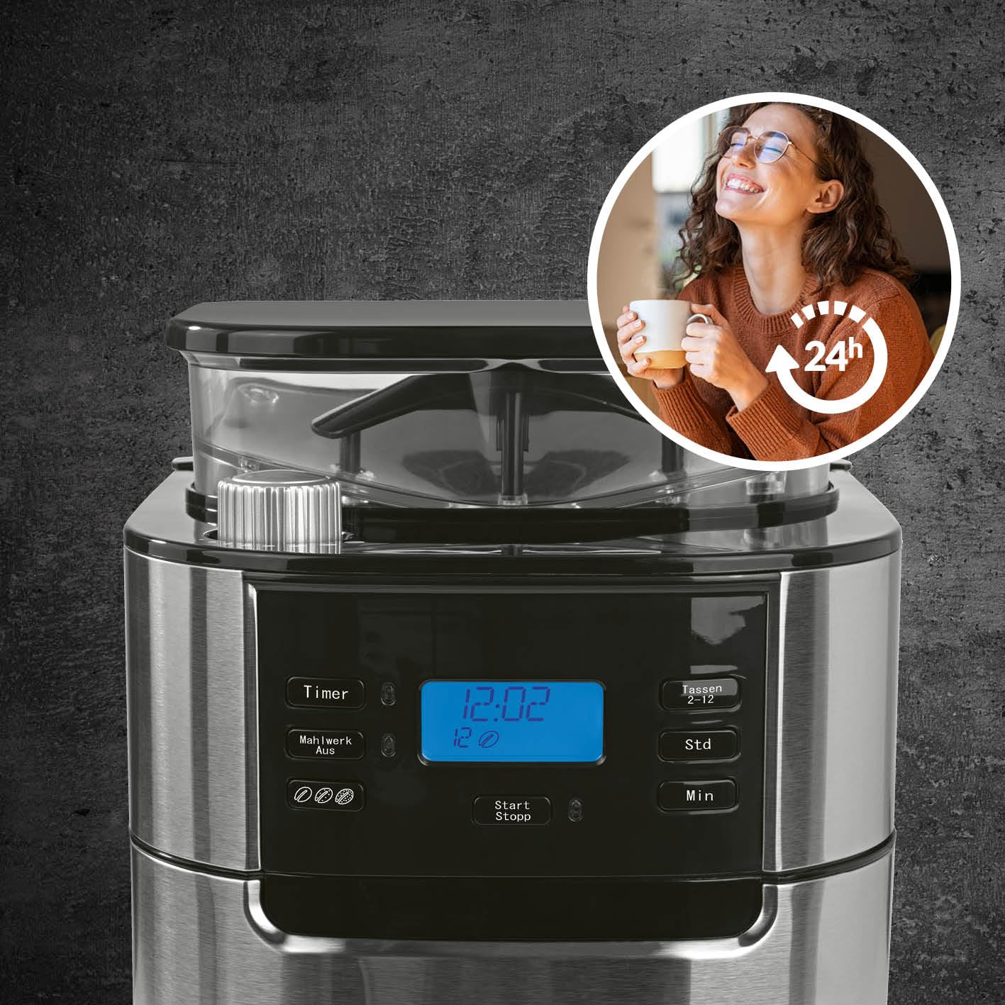 Barista Kaffee & Technik ekspres do kawy z filtrem z młynkiem ze szklanym dzbankiem | ze szklanym dzbankiem na maks. 10 dużych filiżanek kawy | do ziaren kawy i zmielonej kawy