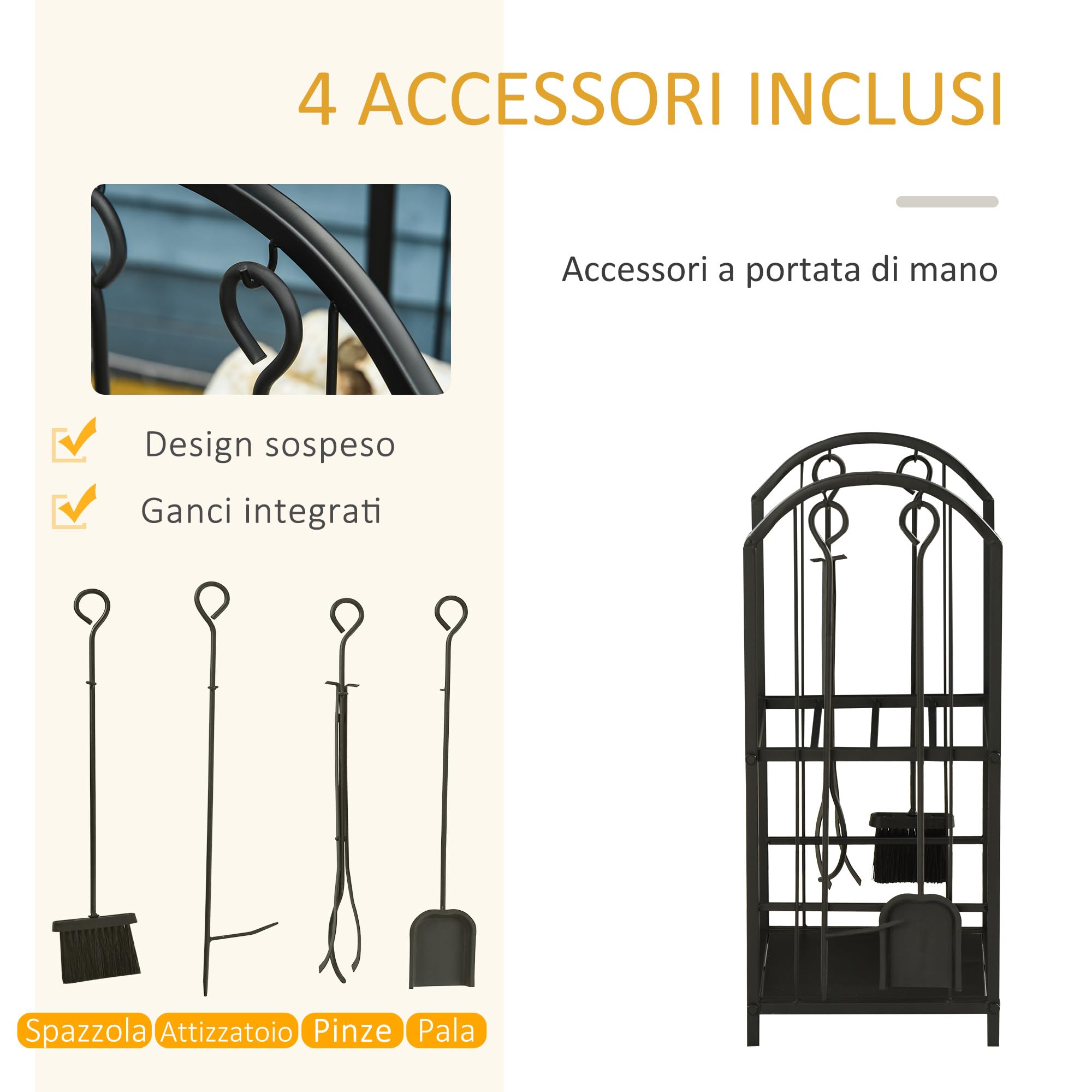 Outsunny Portalegna da Interno ed Esterno a 2 Ripiani in Metallo, Portalegna per Camino con Paletta, Scopa, Attizzatoio e Pinza, 41.5x32.5x74.5 cm, Nero