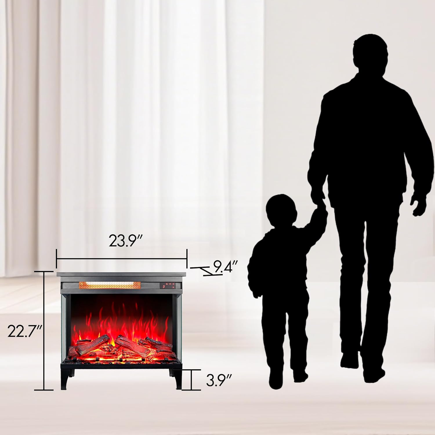 24" Electric Fireplace Heater, 3-Sided Glass Design, Adjustable 4 Flame Colors, Remote, Timer, 1500W Infrared Heater w/Overheat Protection, Fireplace Heaters for Indoor use