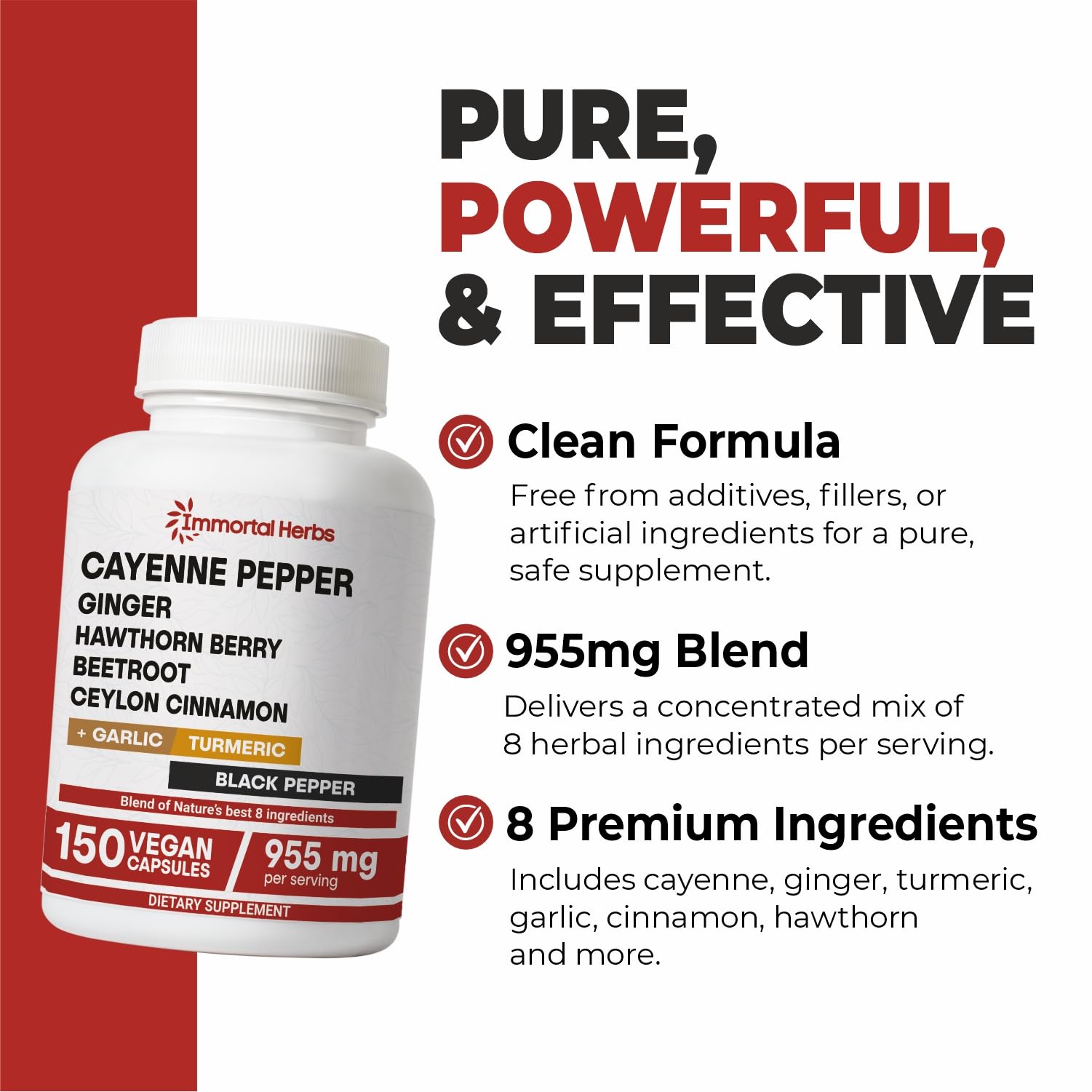 Immortal Herbs Cayenne Pepper Capsules w/Garlic, Ginger, Hawthorn, Turmeric, Cinnamon, Beet Root and Black Pepper Extract, 150 Cayenne Capsules, Non-GMO & Gluten Free Capsaicin Supplement 1