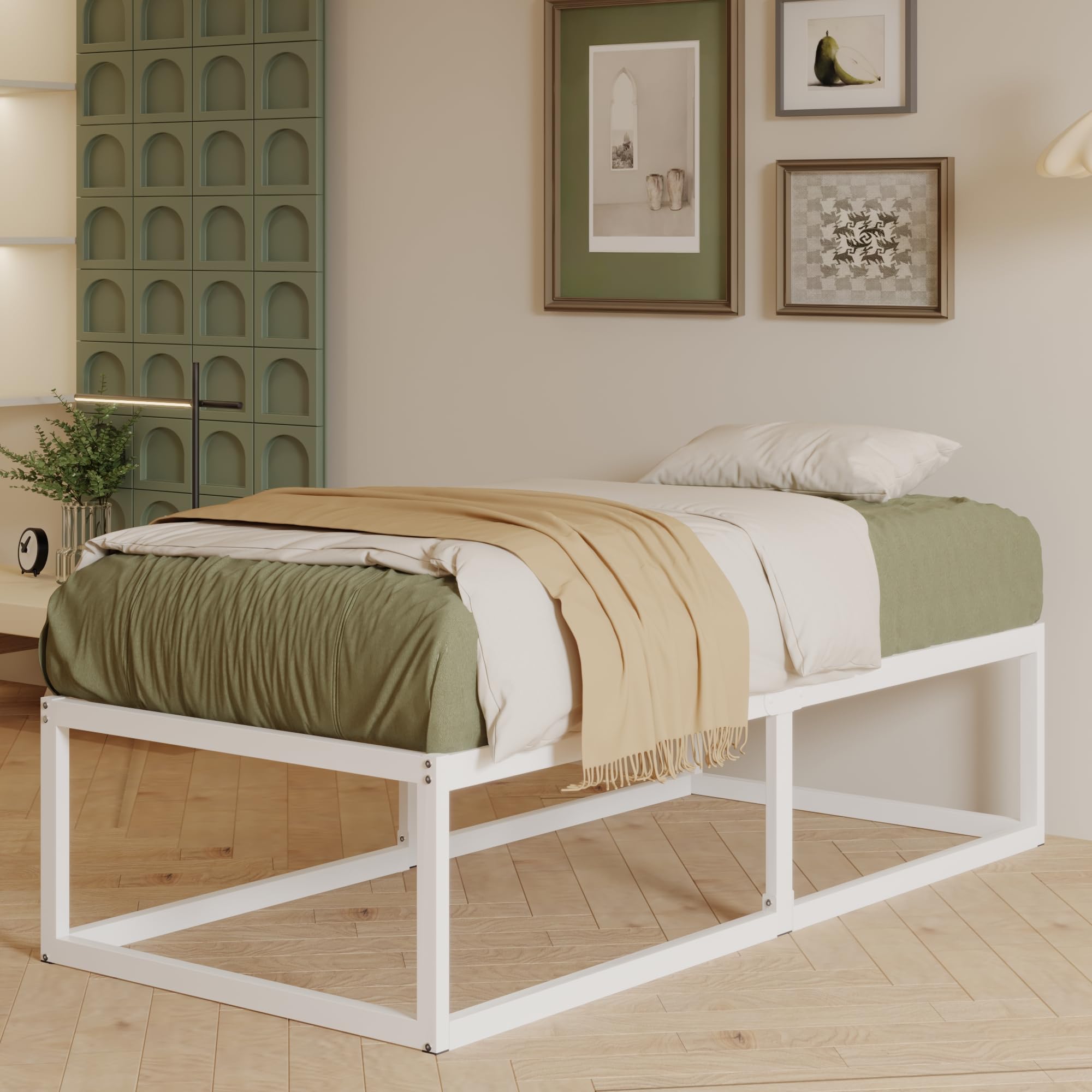 EMODA 46 cm High Single Bed Frame 90x190 cm, Heavy Duty Metal 3ft Single Bed Frame with Sturdy Slats Support, Large Underbed Storage, Noise Free, Easy Assembly, White