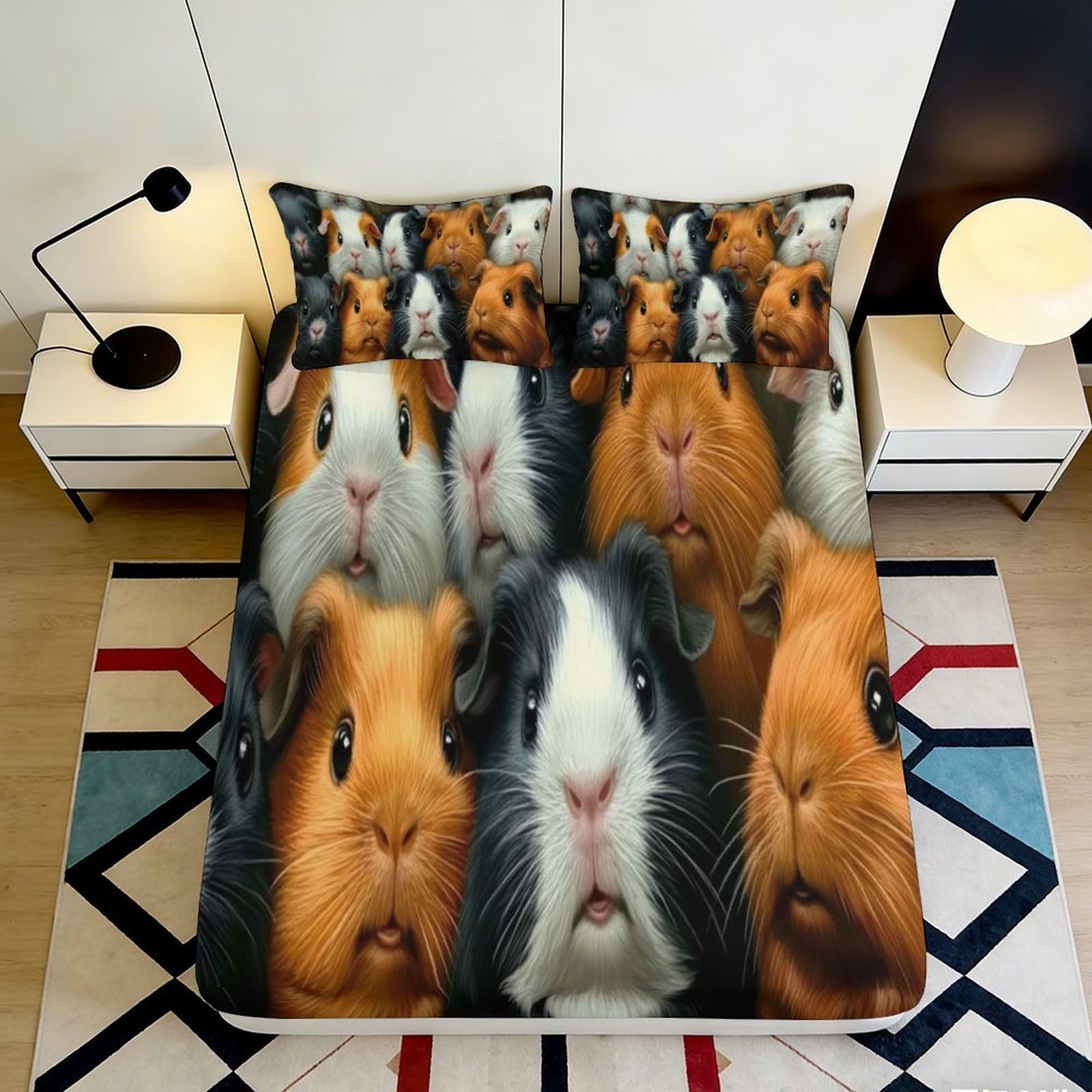 Decorative Guinea Pig Fitted Sheet 3D Printed Soft Touch Microfiber Bed Cover, Wrinkle Resistant, Guest Room Bedding, Easy Care 90x200x25cm