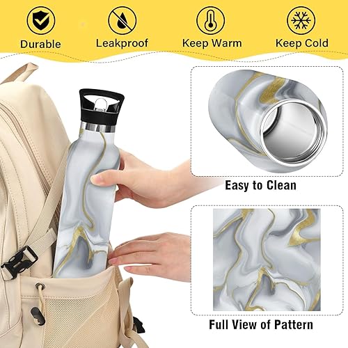 Miniatura 4 de Kids Water Bottle for School Leakproof Sports Water Bottle for Boys Girls 20oz, BPA-Free, Grey Gold Marble Texture