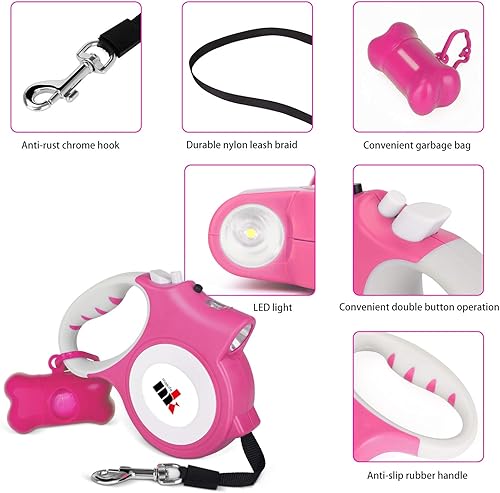 Miniatura 4 de Correa retráctil para perro con luz LED, correa extensible de 16.4 ft para cachorros pequeños y medianos de hasta 55.1 lbs, sistema de freno y