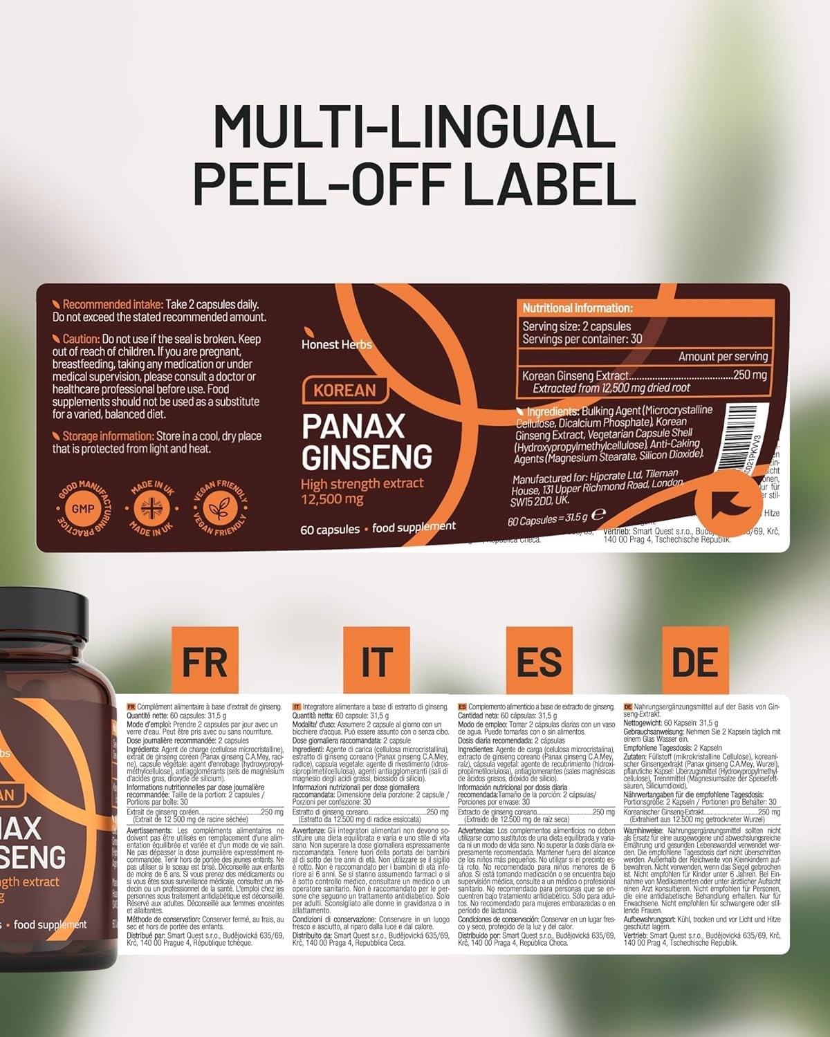 Panax Ginseng Rosso Coreano - Integratore Alimentare ad Alta Concentrazione 12.500 mg - Estratto di Radice di Ginseng con 30% di Ginsenosidi - 60 Capsule - Vegano