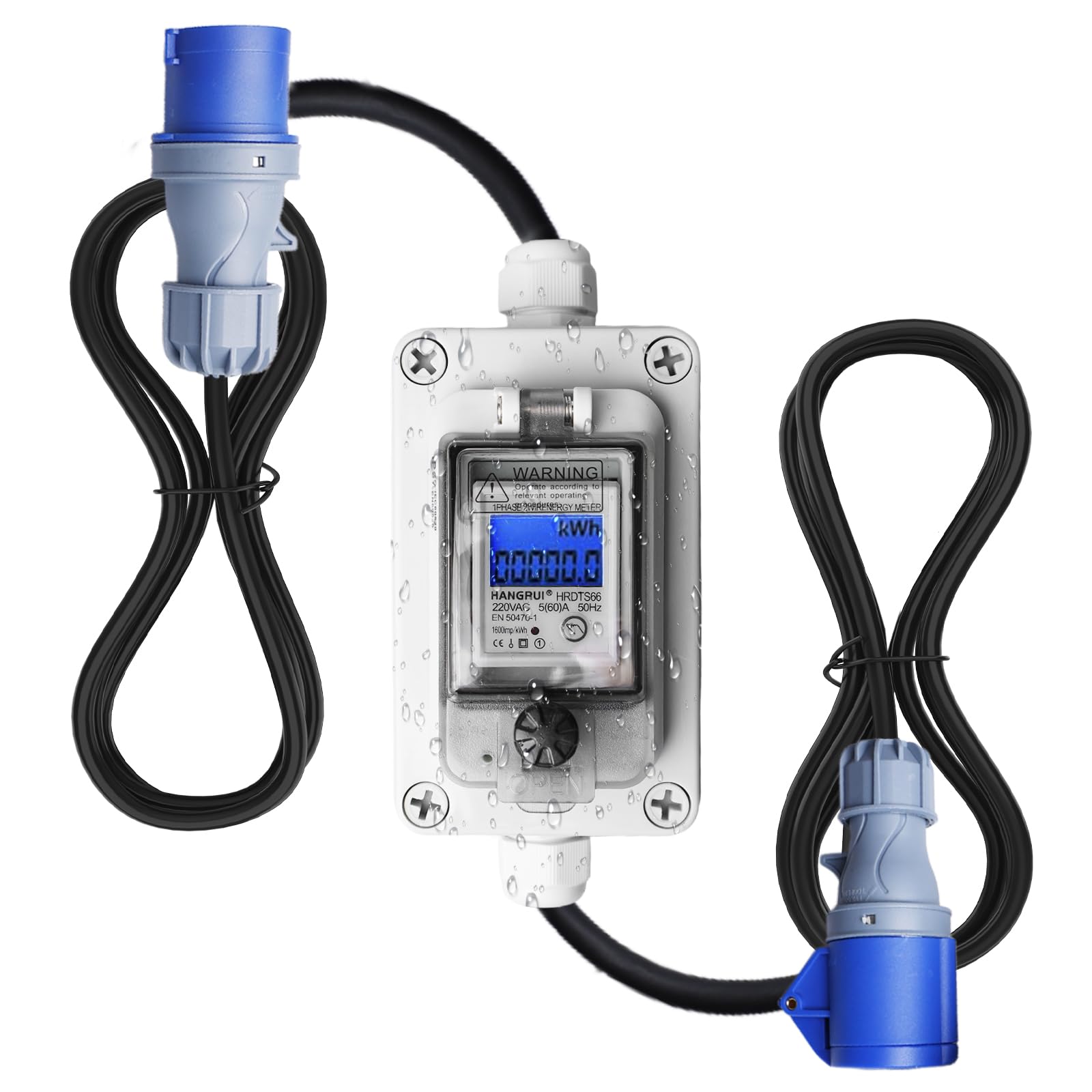 Contador de electricidad digital móvil, 60 A, 230 V, IP67, resistente al agua con enchufe CEE y acoplamiento, medidor KWH 3 x 1,5 mm², cable de goma y función de reinicio para caravanas, vehículos