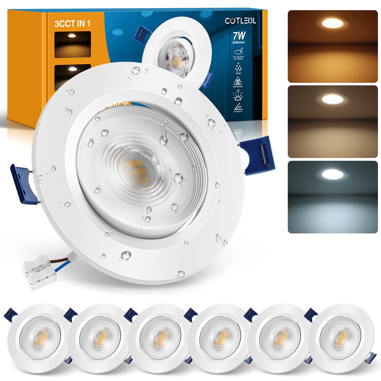Spots LED Encastrables Orientable, 7W 650LM Spots de Plafond Extra Plat Encastré Blanc Chaud 3000K Blanc Neutre 4000K Blanc Froid 6500K,IP44 Spot Pour Salle de Bain,Trou Φ85-100mm, Lot de 6