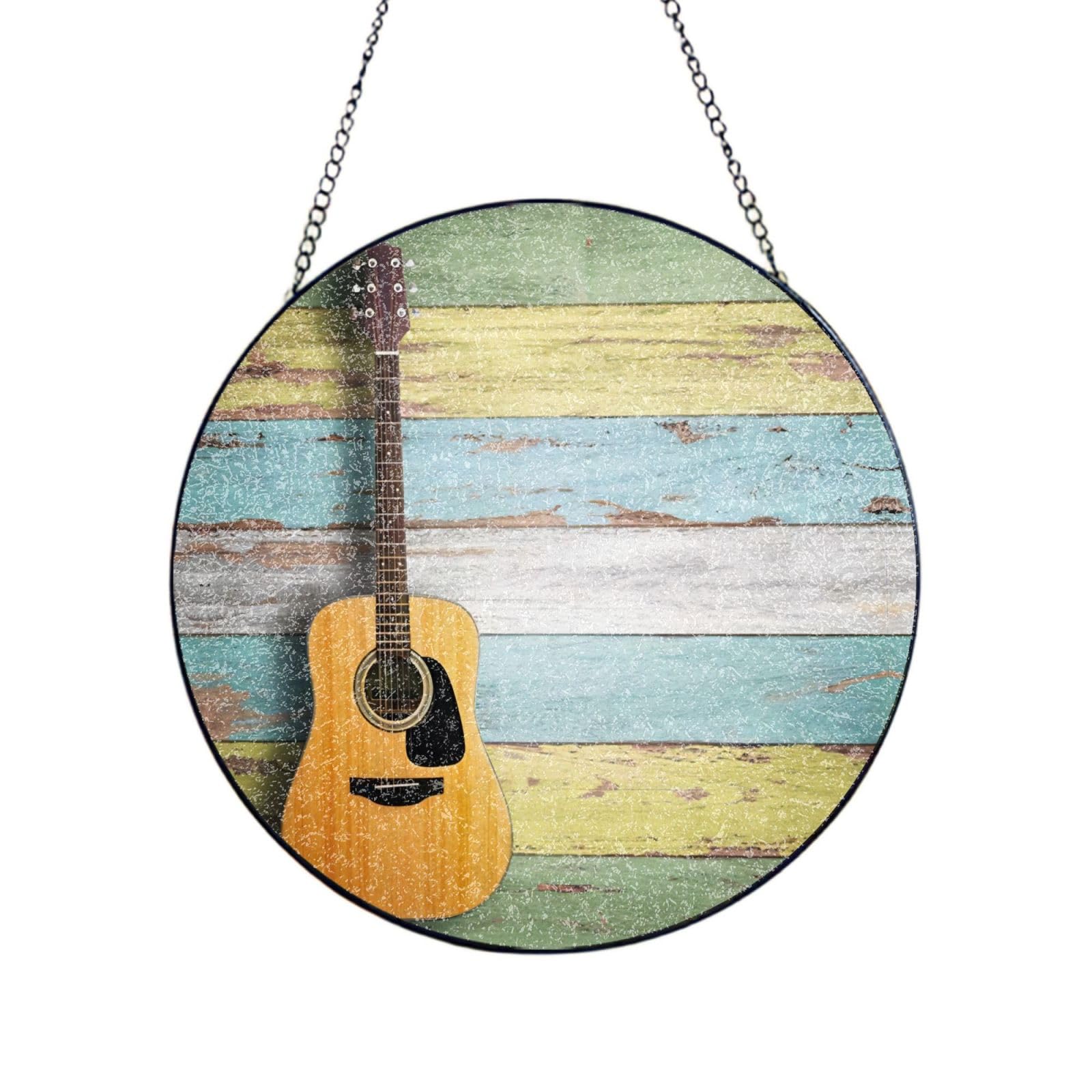 Phayah Nice Guitar Print Stained Glass Window Hanging Suncatcher For Door Terrace Garden Home Decor Sun Catcher Birthday Gifts For Lovers Dad Mom 12in（30cm）