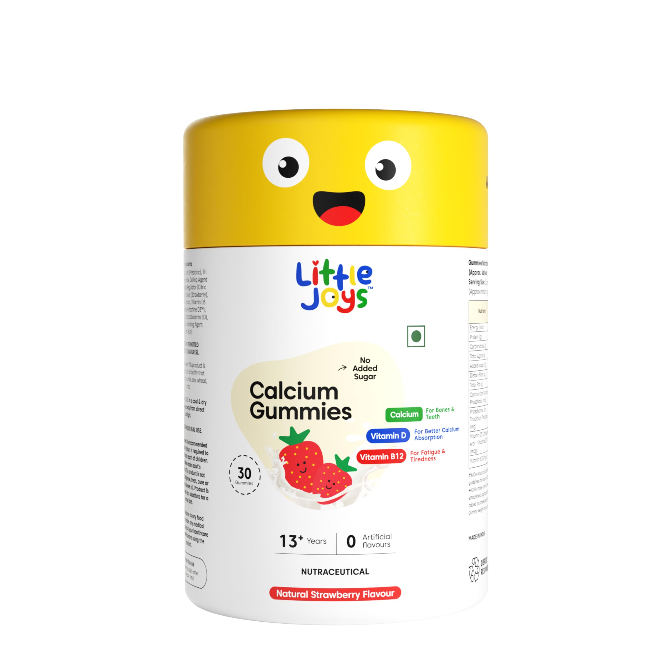 Little Joys Calcium & Vitamin D Gummies for Kids (13+ years) With No Sugar Added | For Stronger Bones, Joints, Teeth & Immunity | Strawberry Flavour | 30 Gummies