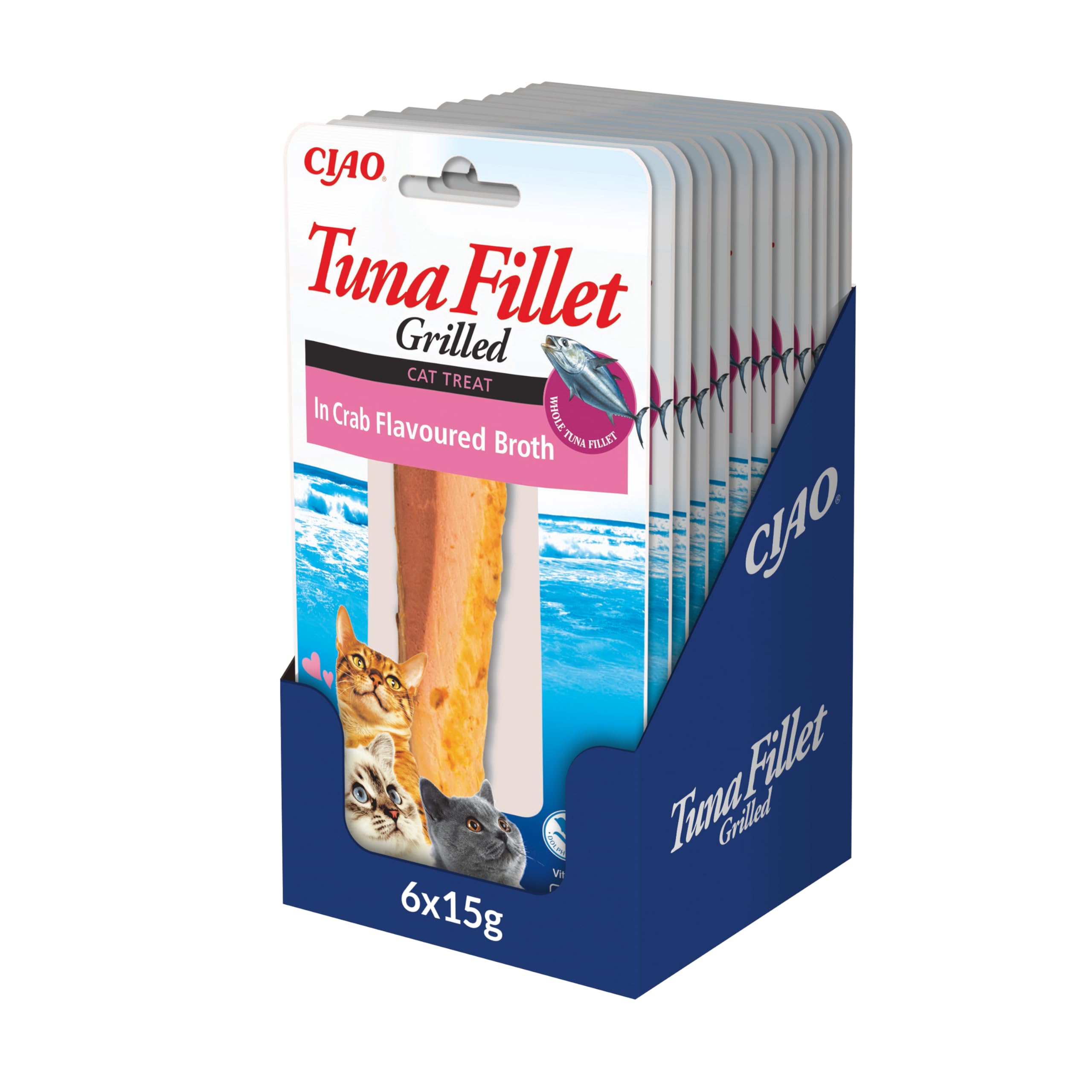 INABA Tuna Fillet Grillowany - Przysmaki dla kotów z filetu z tuńczyka - Rosół o smaku kraba - Przekąska dla kotów z grilla i bogata w antyoksydanty - 12 filetów po 15g