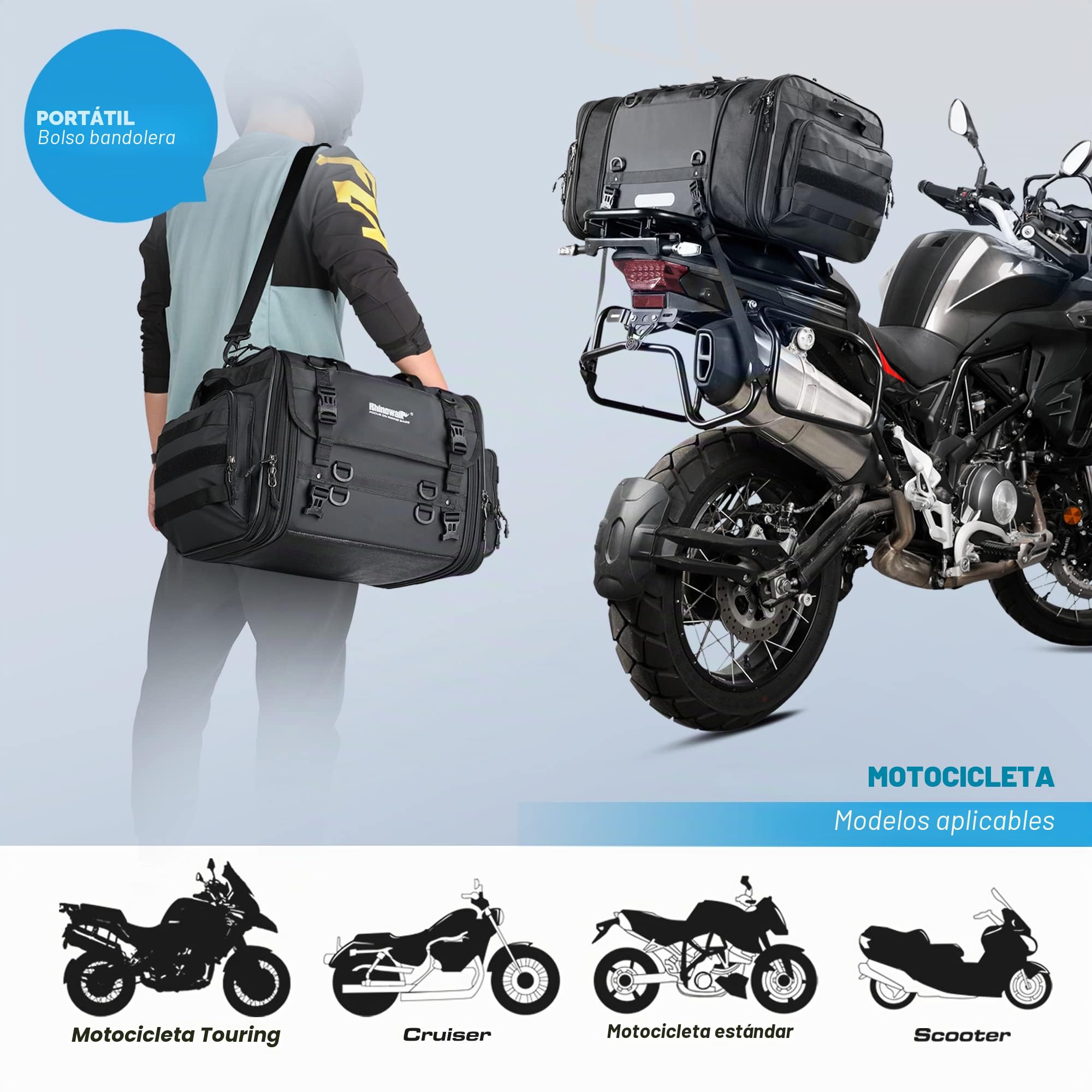 Rhinowalk - Alforja para Moto de 40-60 l, Impermeable, para Asiento Trasero