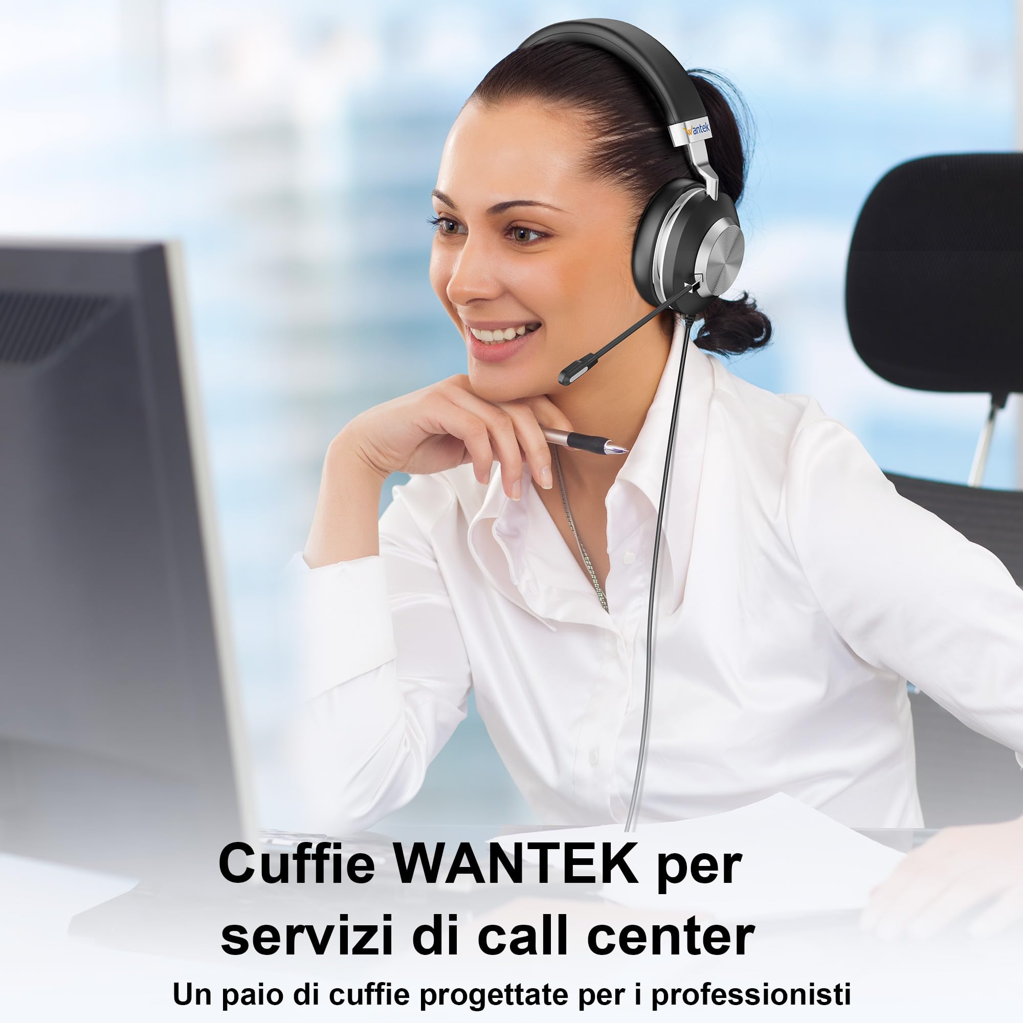 Wantek Cuffie USB con Microfono e Cancellazione Rumore,3-in-1 (USB A/Tipo C/Jack 3,5 mm) Cuffie con Filo per PC,Controllo Volume,Perfette per Call Center, Zoom,Home Office e Lezioni Online