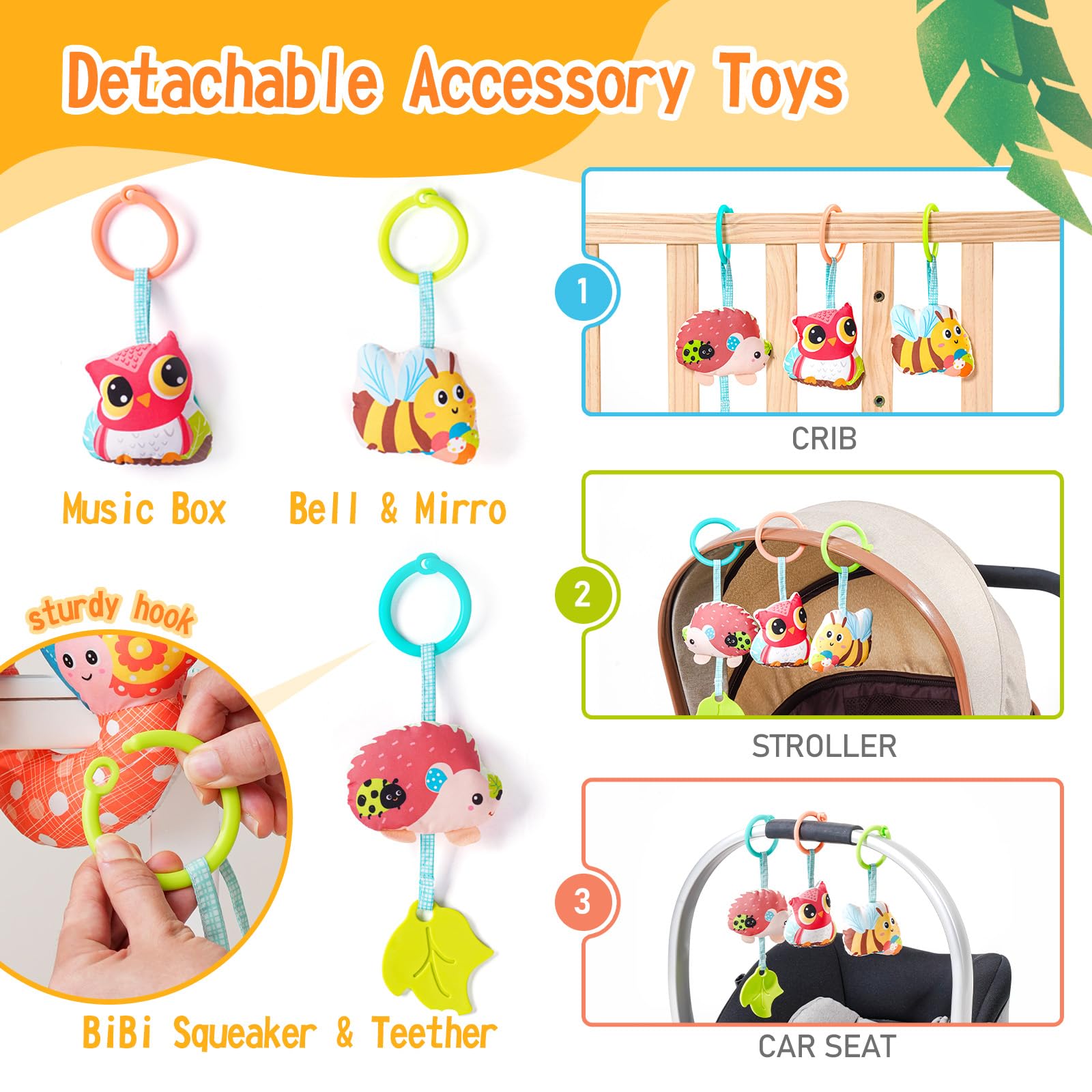 Cochecito de cuna, juguetes para asiento de automóvil para bebé de 0-3-6-9-12 meses, juguetes sensoriales colgantes para recién nacido con caja de música y mordedor, juguete de asiento de 3