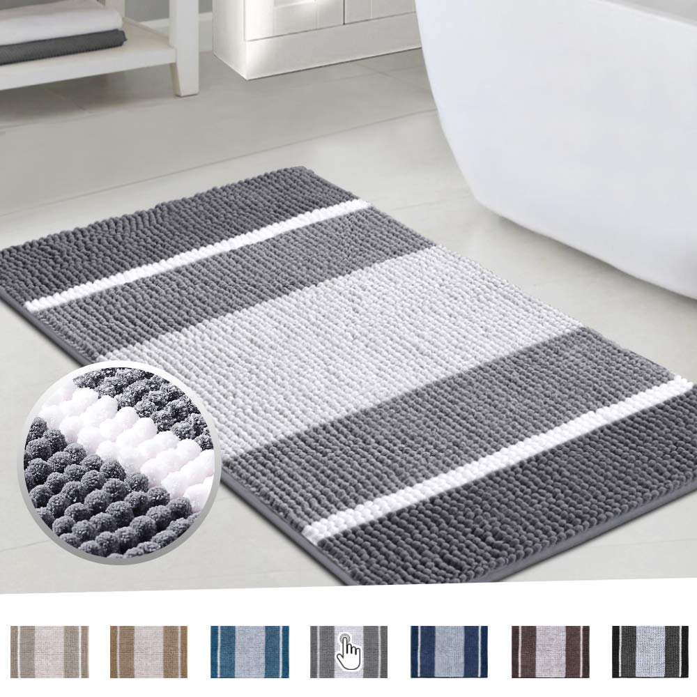 Flamingo P Super Cozy Chenille Microfiber Bathmat, Gradient Grey Stripe Pattern Soft Chenille Shaggy Rug for Bathroom, Slip-Resistant Absorbent Bathroom Floor Mat Machine Washable, 24x36 inch