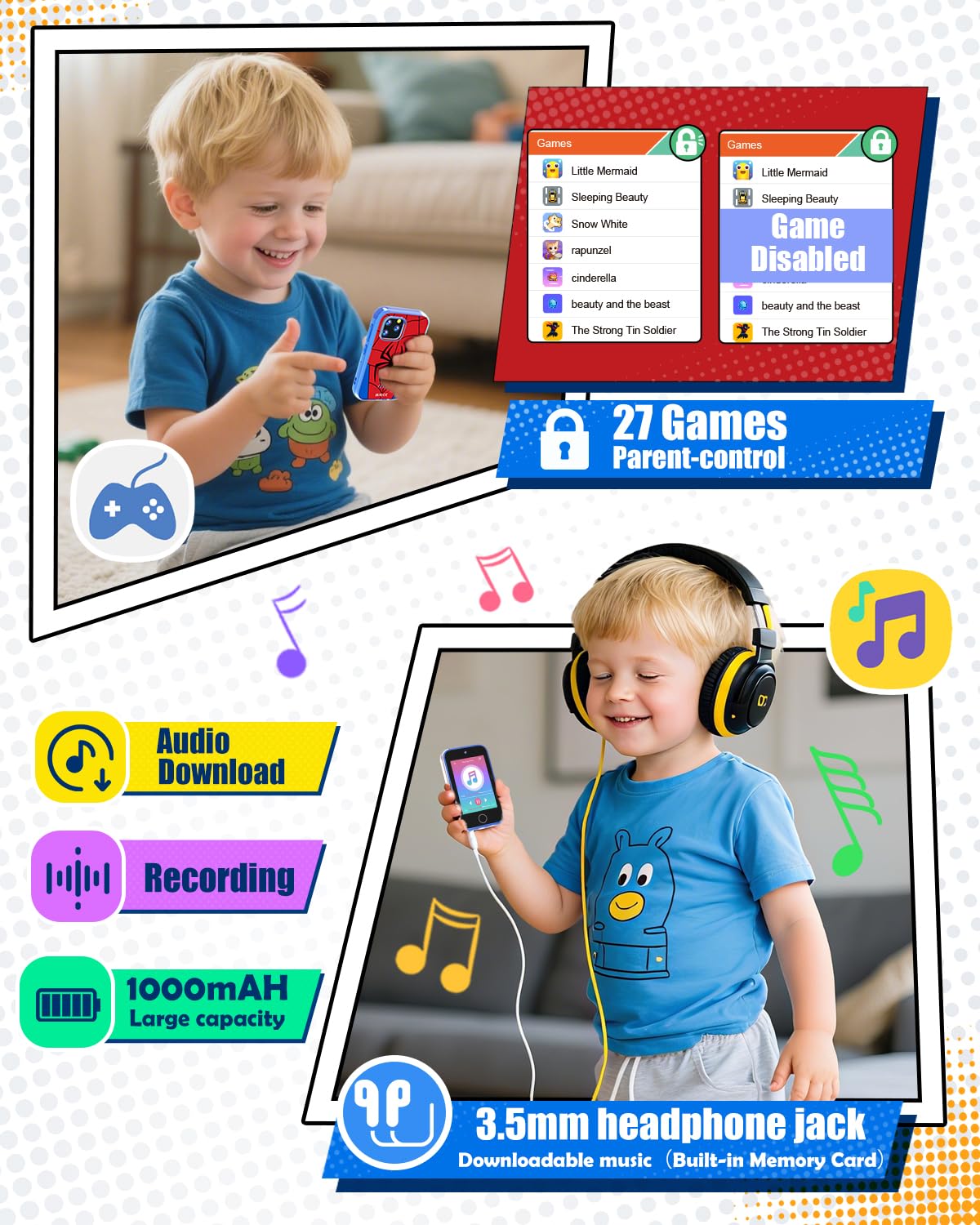 Byserten Smartphone per bambini, touch screen da 3,5 pollici con doppia fotocamera, giocattoli educativi per l'apprendimento per bambini dai 3 ai 10 anni, regali di compleanno di Natale