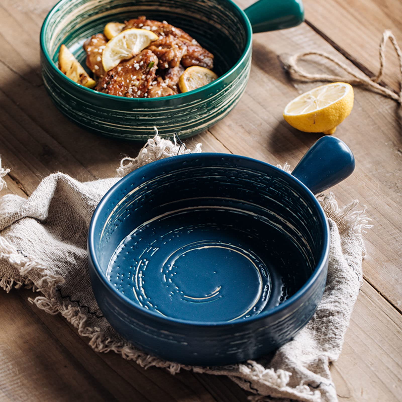 Lasagneform groß tief, Suppenschüssel aus Keramik mit Griff 600 ml, kleine Auflaufform für den Ofen rund aus Keramik, runde Auflaufform aus Steingut klein, Lasagneform au(Blu)