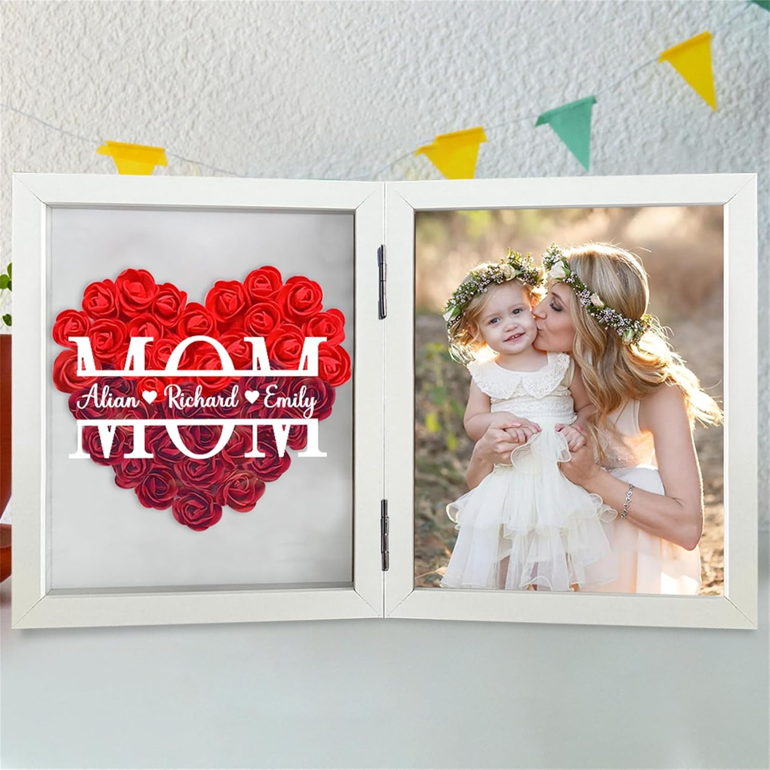 Personalized Mom Flower Shadow Box with Names Custom Mothers Day Roses Flower Shadow Box Photo Frame Picture Memory Shadow Box Frame Heart Monogram Flower Shadowbox for Mom Grandma Wife