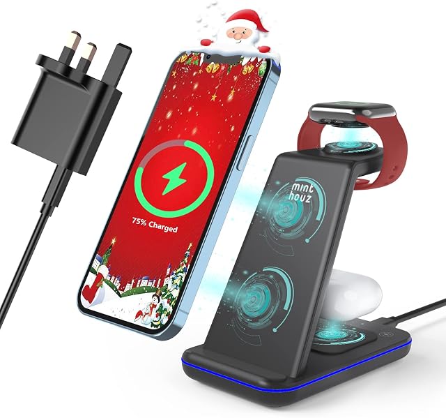 Minthouz Wireless Charger, 3 in 1 Fast Wireless Charging Station with 20W Adapter for Multiple Devices Apple Watch, AirPods, Wireless Charger Stand Compatible with iPhone 14/13/12/11 Series, Samsung