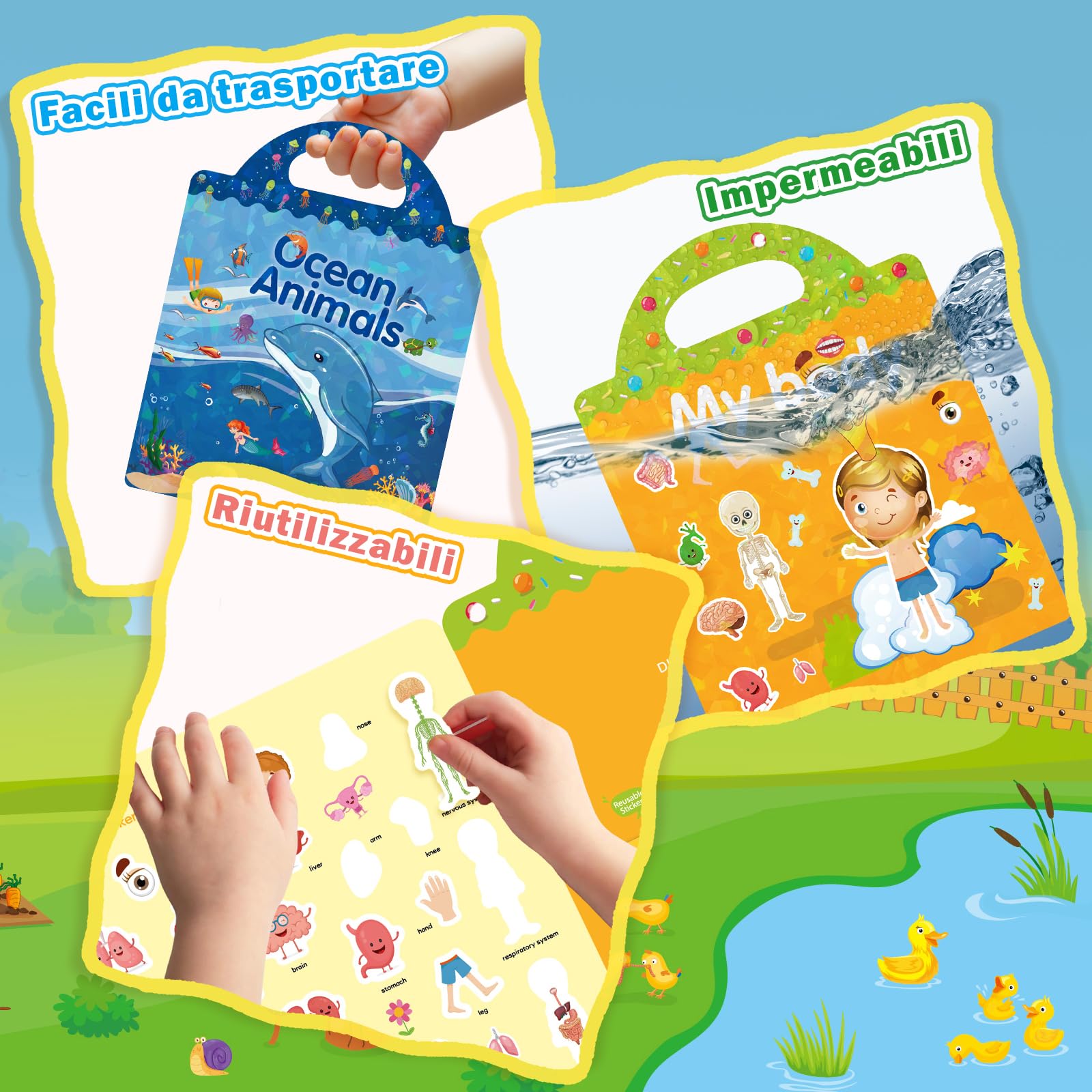 GUYUCOM 4 Pezzi Stickers Book: Libro Adesivi Attacca e Stacca Bambini 2 3 4 5 6 Anni Animali Marini, Parte del Corpo, Insetto, Giocattolo per Bambini, Regalo Educativo Compleanno Riutilizzabile