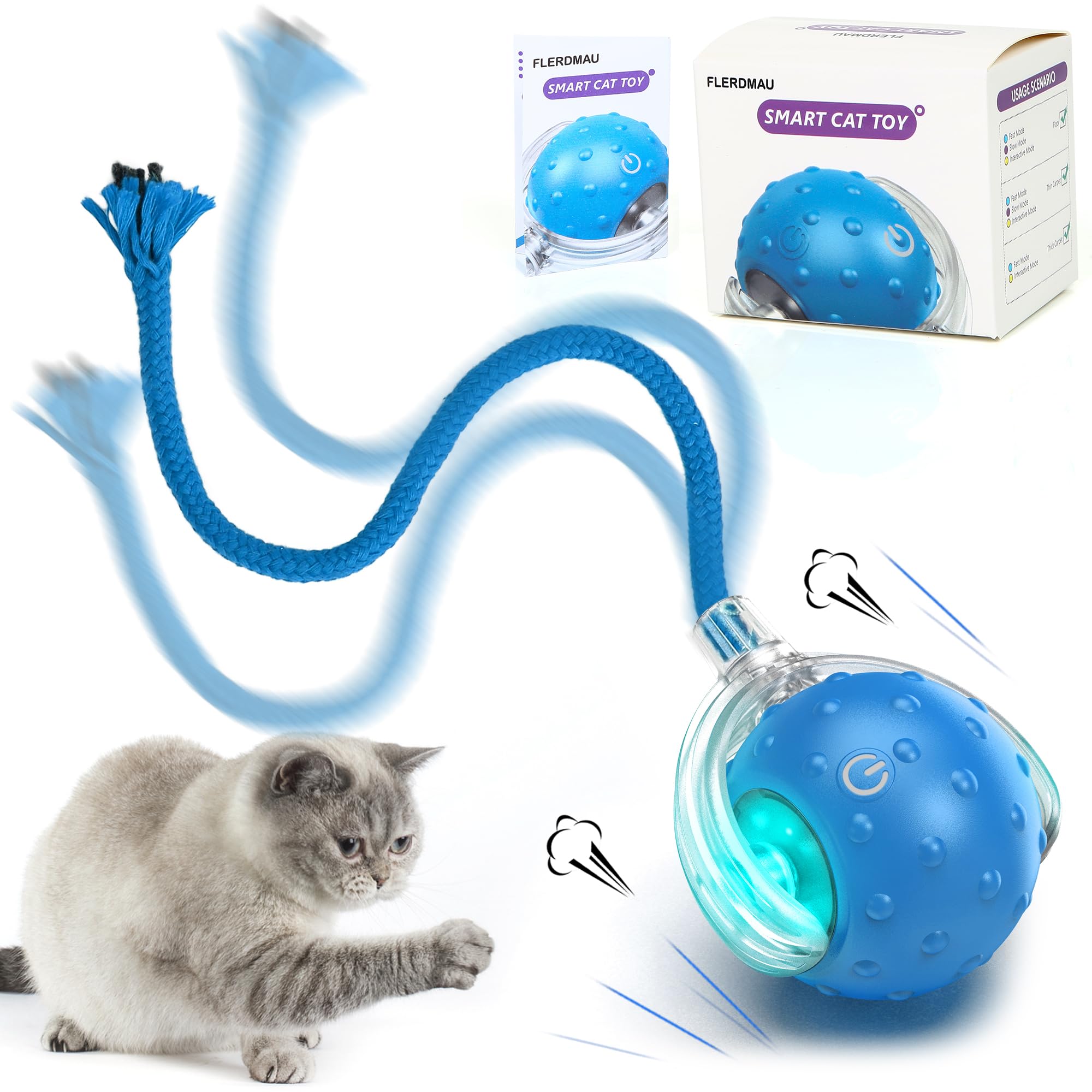 FLERDMAU Cat Toys Ball for Indoor Cats - Interactive Automatic Cat Ball Toy | Fast Rolling & Motion Activated Chirping | Hide and Seek Mouse Catching Game(Blue)