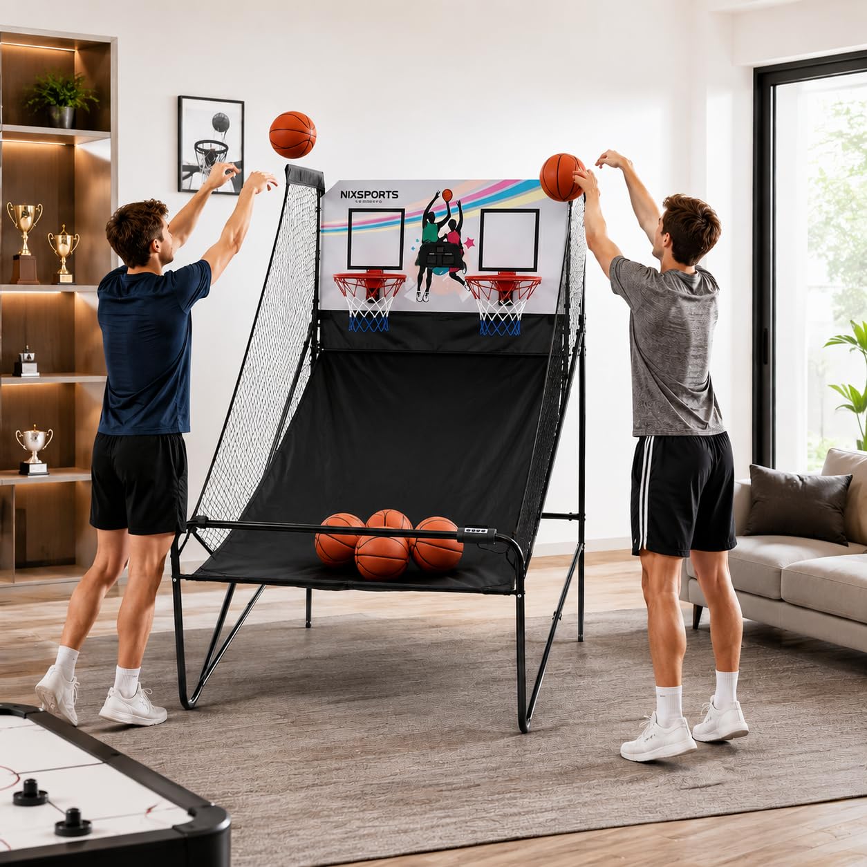 Canasta Doble Arcade Infantil Plegable con Marcador electrónico y Sonido – Panel Inteligente, Acero Reforzado, Red Nylon Resistente, Retorno balón, Interior