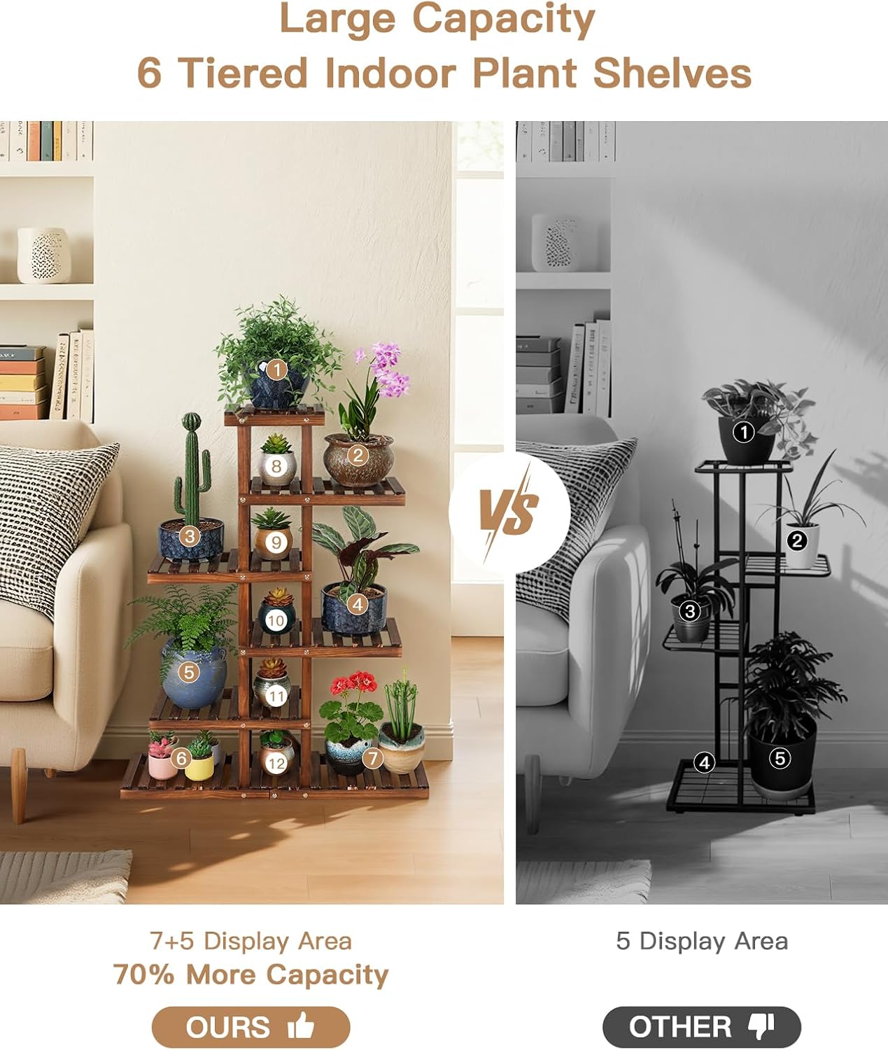 6 Tiered Wood Indoor Plant Stand for Multiple Plants ,Narrow Corner Potted Plant Shelf Holder Rack , Multi Rustic Flower Stand Shelves for Patio,Corner,Apartment,Outdoor,38.2"" Tall