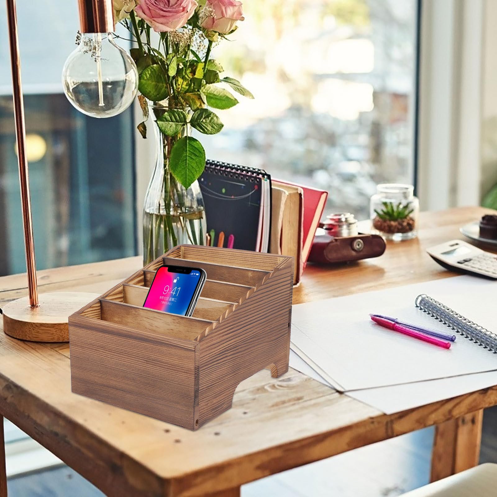 Gatuida Caja Organizadora de Madera Diseño Retro y Compartimentos Múltiples para Teléfonos y Material de Oficina, Adecuado para Escritorio y Sala de Reuniones