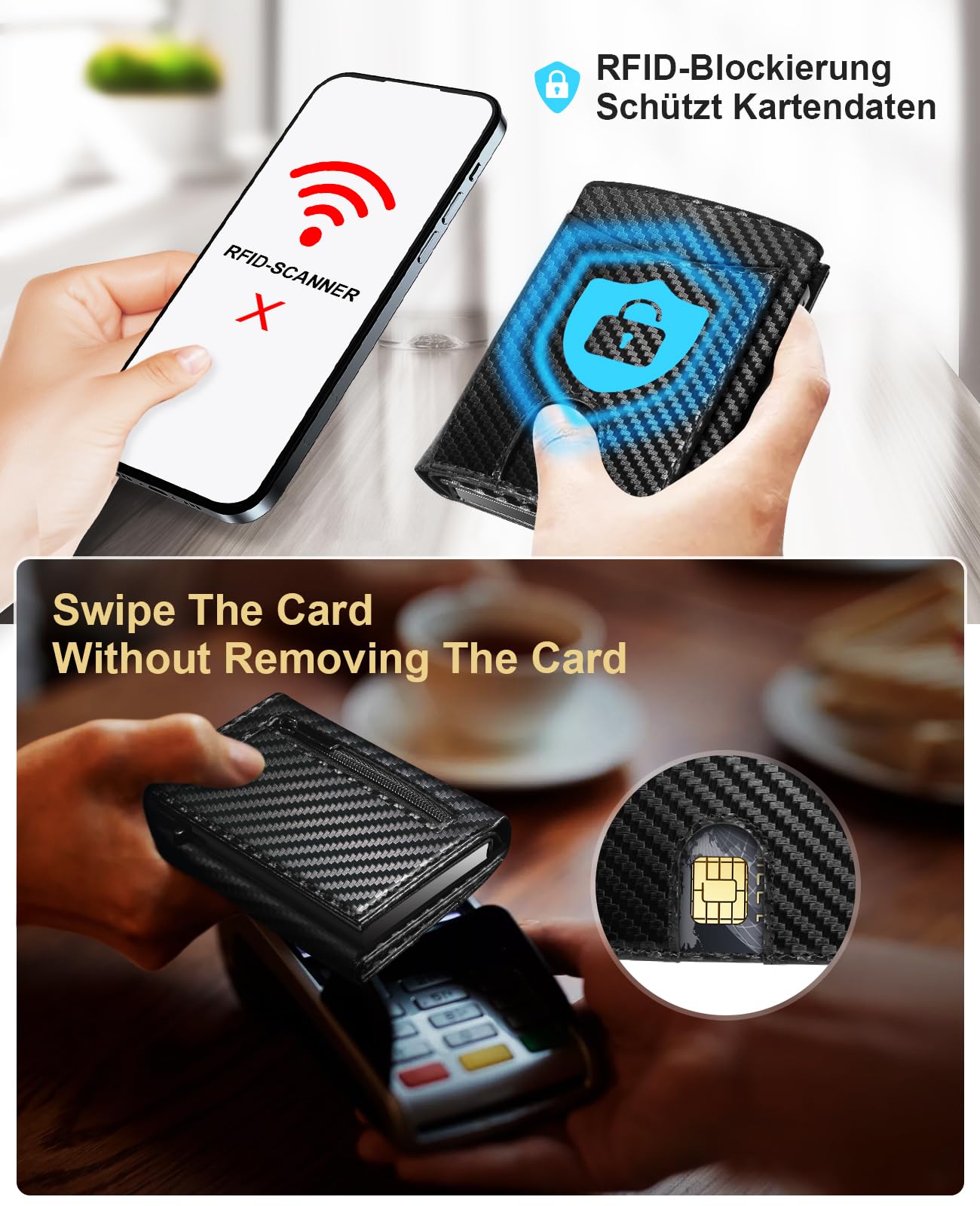 UNOSEKS Portmonee - Portafoglio da uomo con protezione RFID, mini portafoglio da uomo Bifold, slim wallet con scomparto per monete, porta carte di credito da uomo, Fibra di carbonio nera, Mit