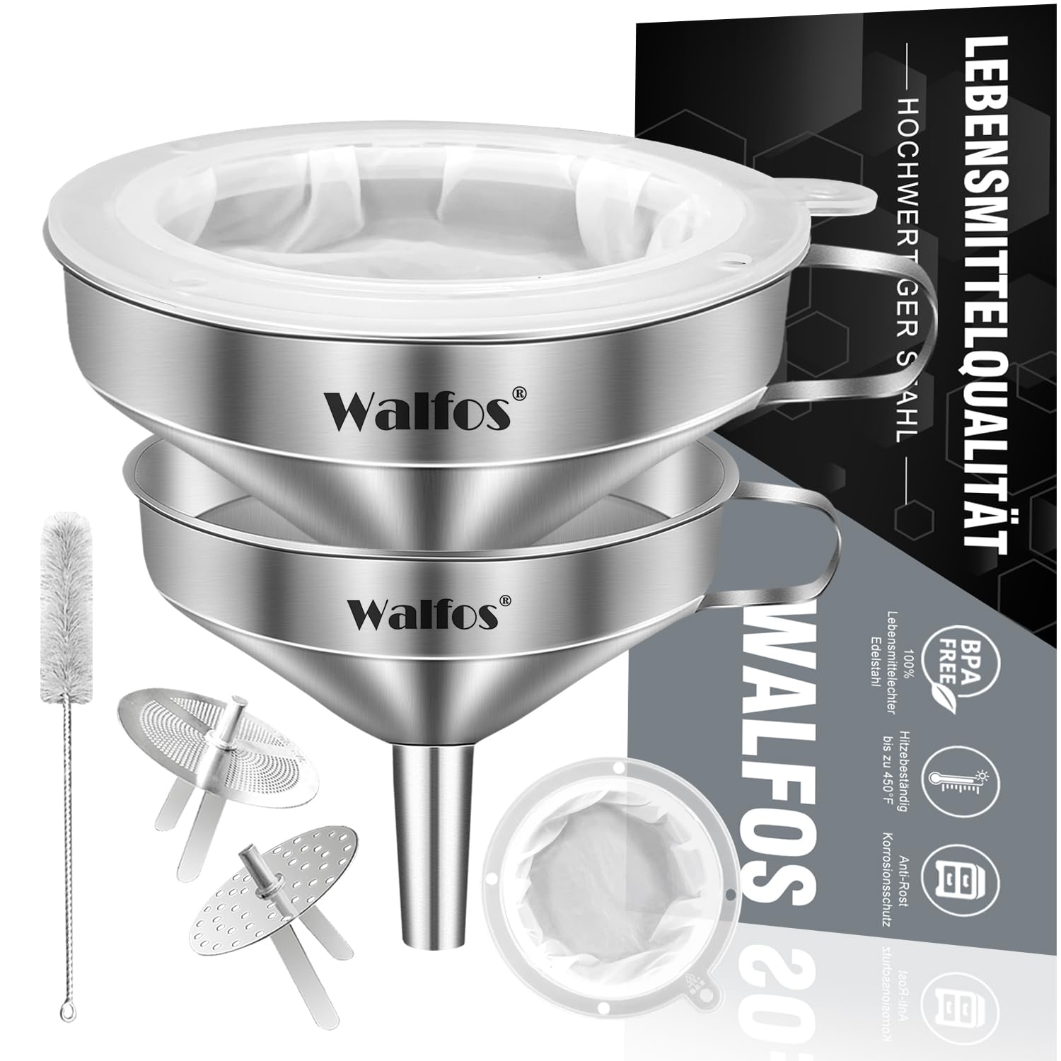 WALFOS Trichter aus Edelstahl und 200 Mesh Filter Jam Straining mit 2 abnehmbaren Sieben ＆ 1Pc Reinigungsbürste Set Sieb für die Übertragung von flüssigen Zutaten（2 Pack10cm/13cm）