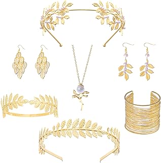7 Pcs Greek Goddess Accessories for Women Golden Roman Laurel Leaf Crown Headband Upper Arm Cuff Bracelet Pearl Earrings Toga Costume Jewelry for Bridal Bridesmaid Wedding Party Halloween - Buy now