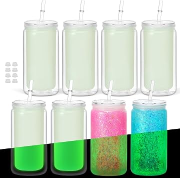 8 Pack Glow in the Dark Acrylic Snow Globe Tumbler, 16 Oz Pre-Drilled Plastic Snowglobe Cup for DIY Glitter, Double Wall Tumbler with Straw and Clear Lid